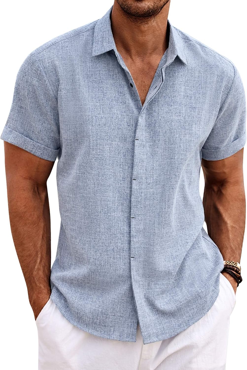 Men's Short Sleeve Button Down Shirt, Linen Blend - Image 31