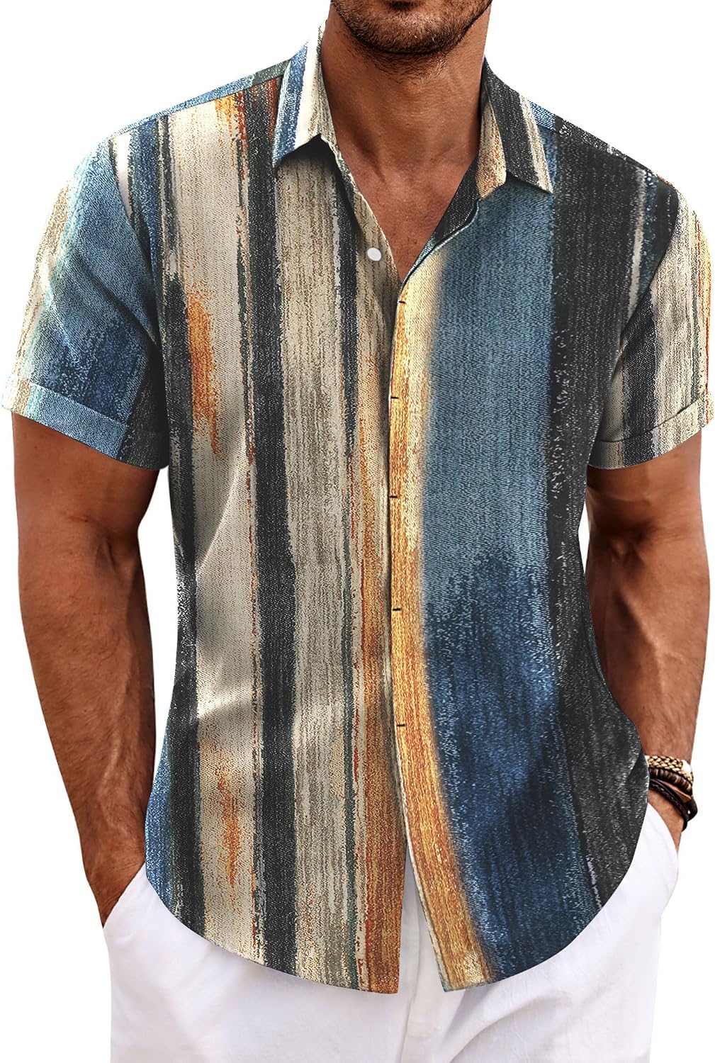Men's Short Sleeve Button Down Shirt, Linen Blend - Image 38
