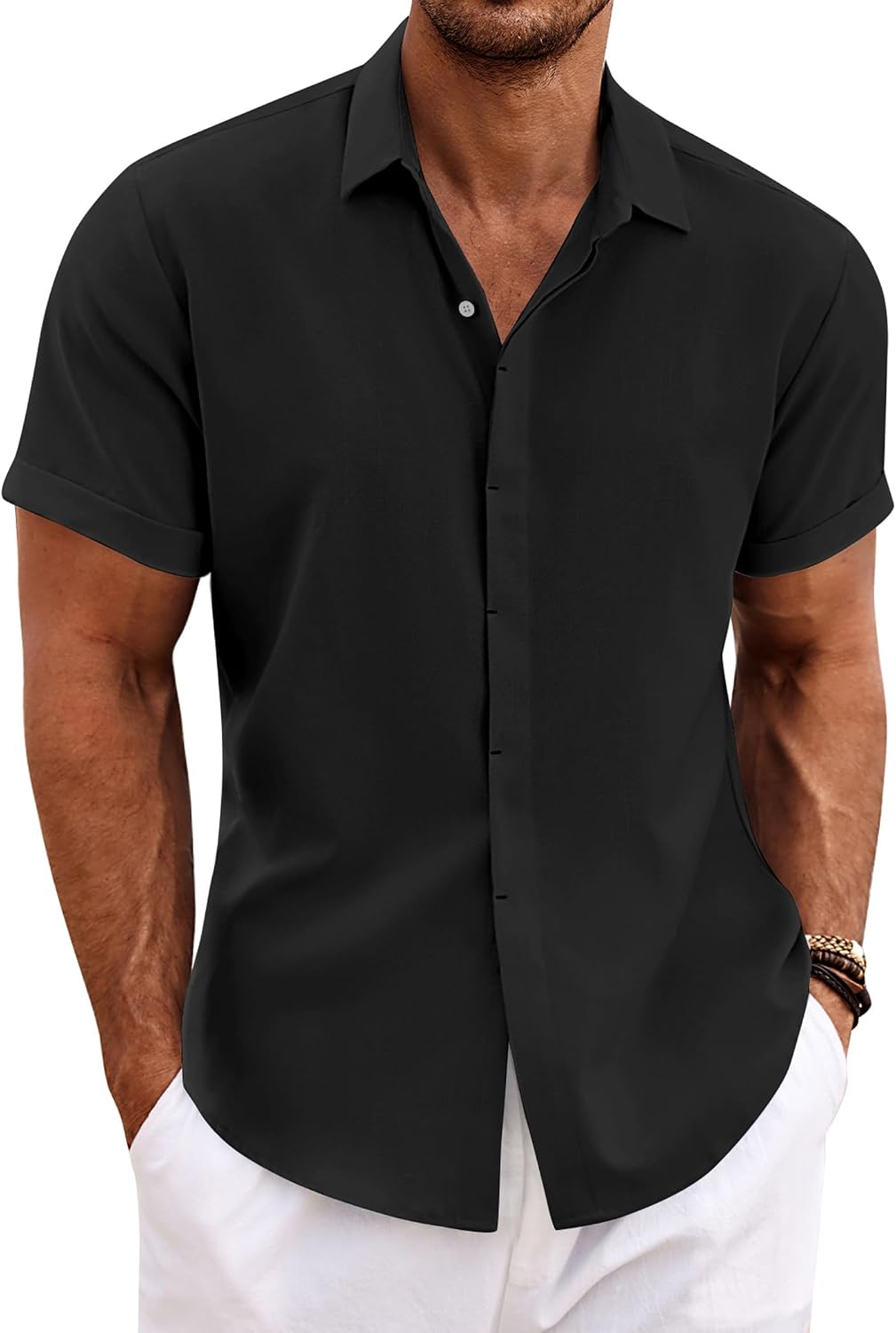 Men's Short Sleeve Button Down Shirt, Linen Blend - Image 35