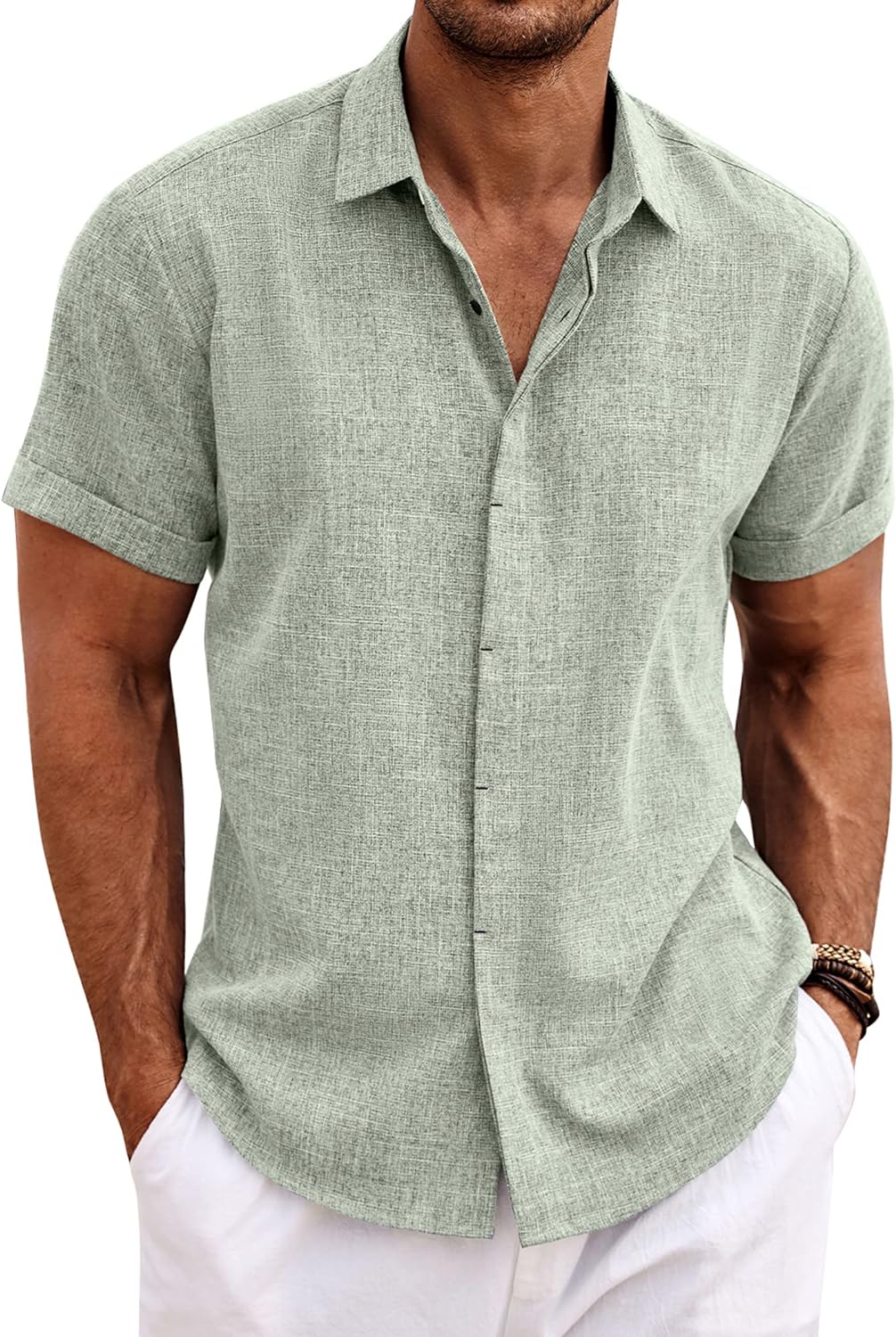 Men's Short Sleeve Button Down Shirt, Linen Blend - Image 14