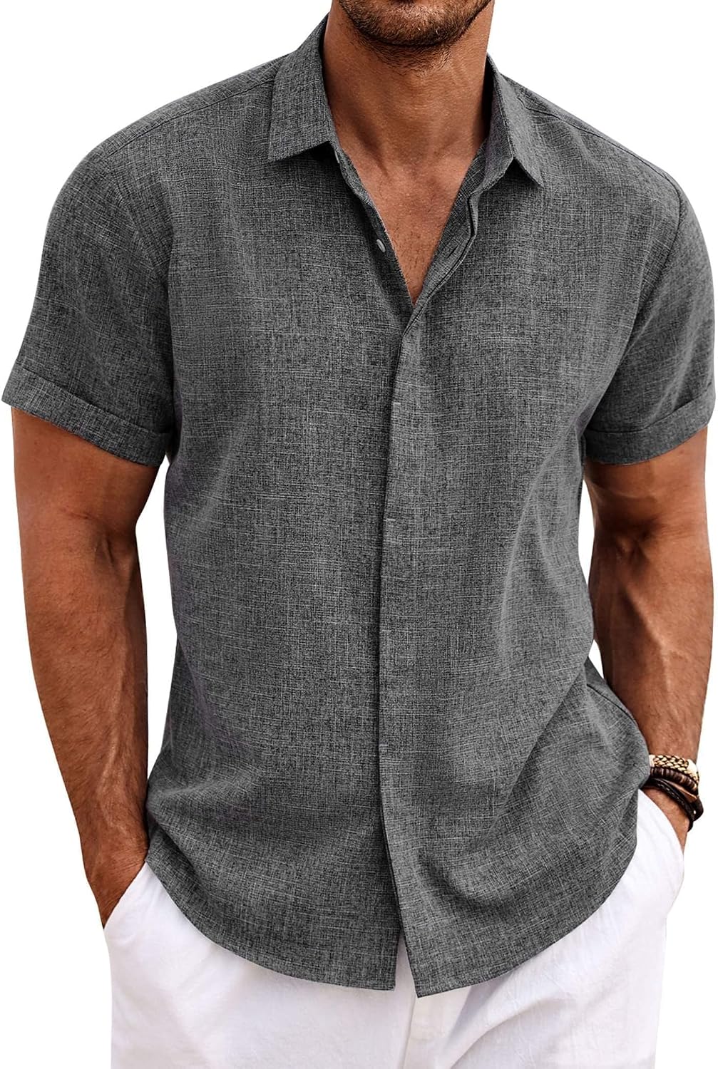 Men's Short Sleeve Button Down Shirt, Linen Blend - Image 36