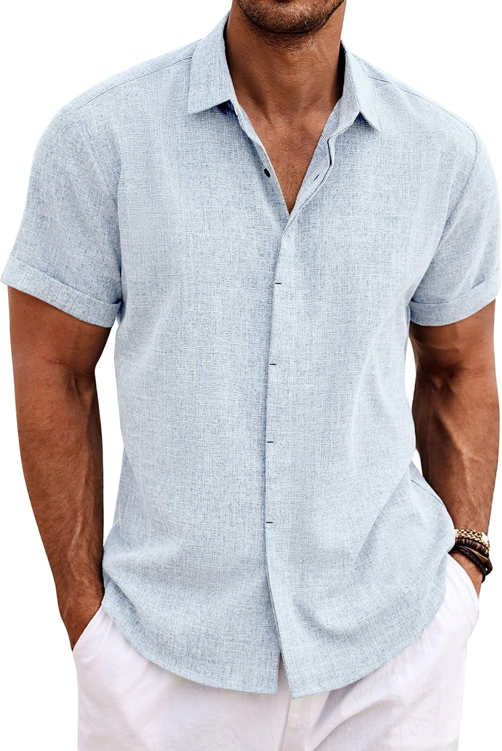 Men's Short Sleeve Button Down Shirt, Linen Blend - Image 8