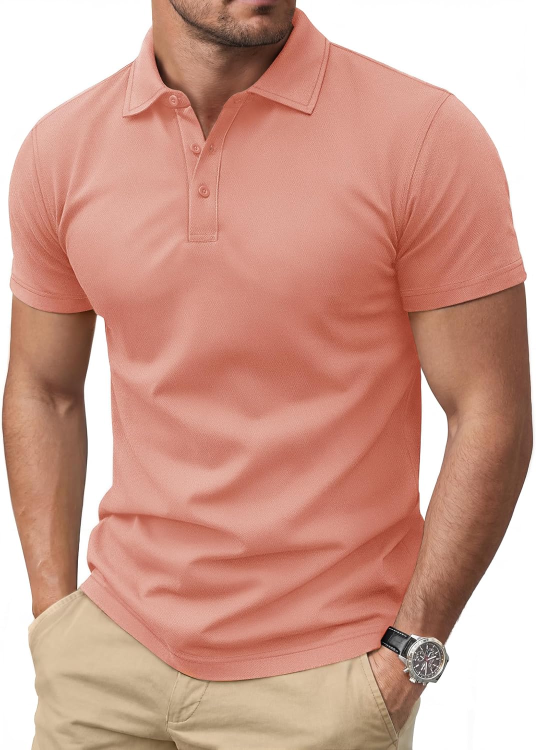 Men's Navy Short Sleeve Pique Polo Shirt, Three Buttons - Image 14