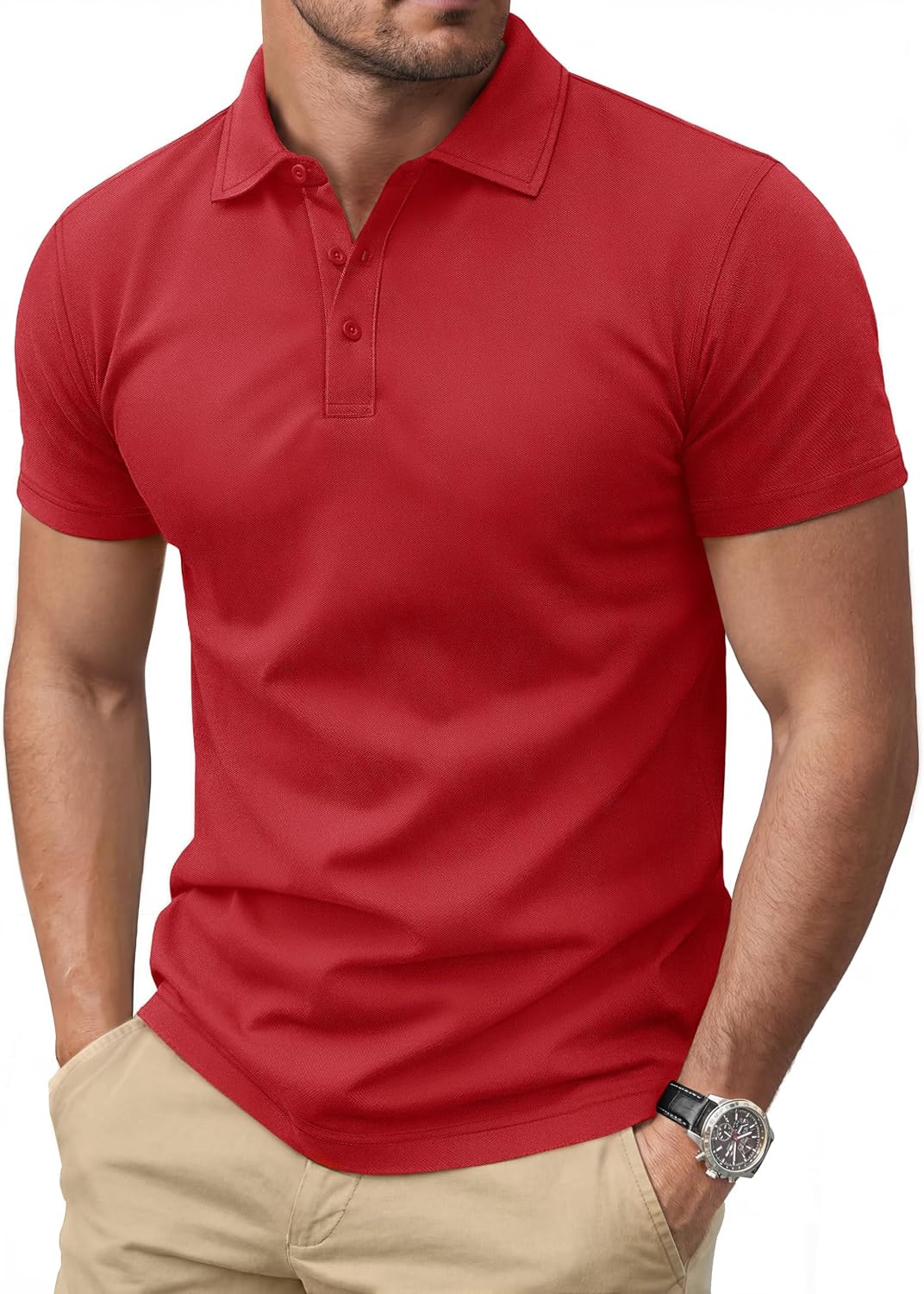 Men's Navy Short Sleeve Pique Polo Shirt, Three Buttons - Image 16