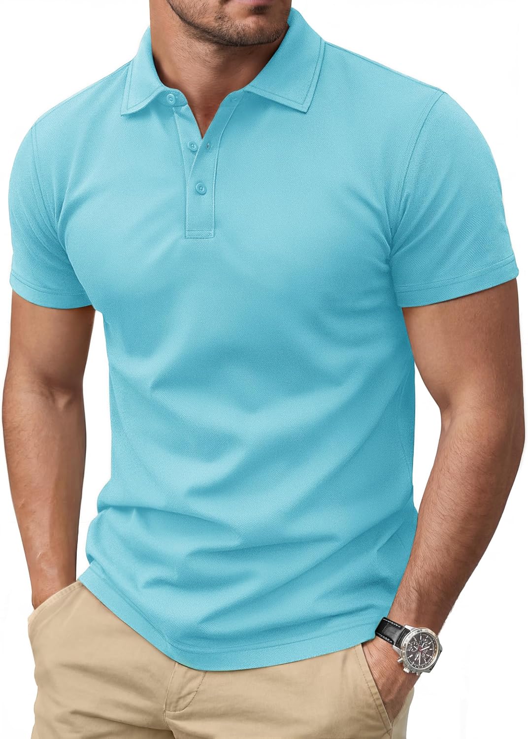 Men's Navy Short Sleeve Pique Polo Shirt, Three Buttons - Image 15