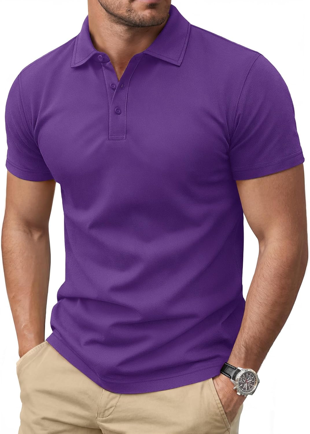 Men's Navy Short Sleeve Pique Polo Shirt, Three Buttons - Image 18