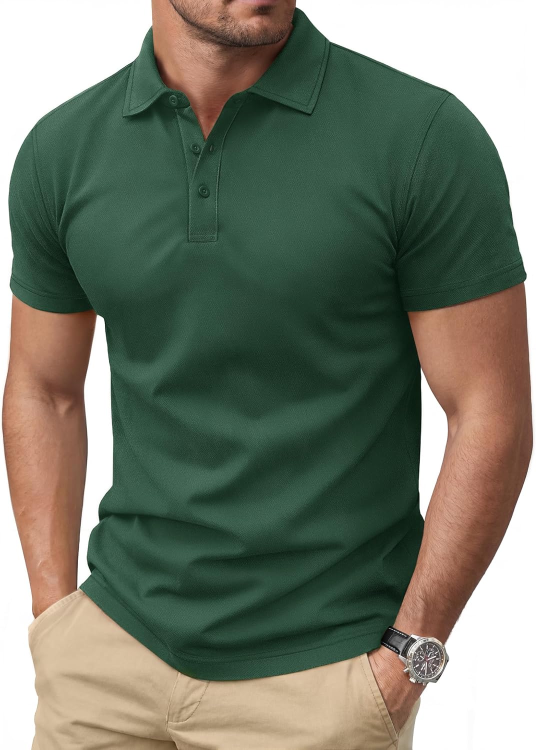 Men's Navy Short Sleeve Pique Polo Shirt, Three Buttons - Image 12