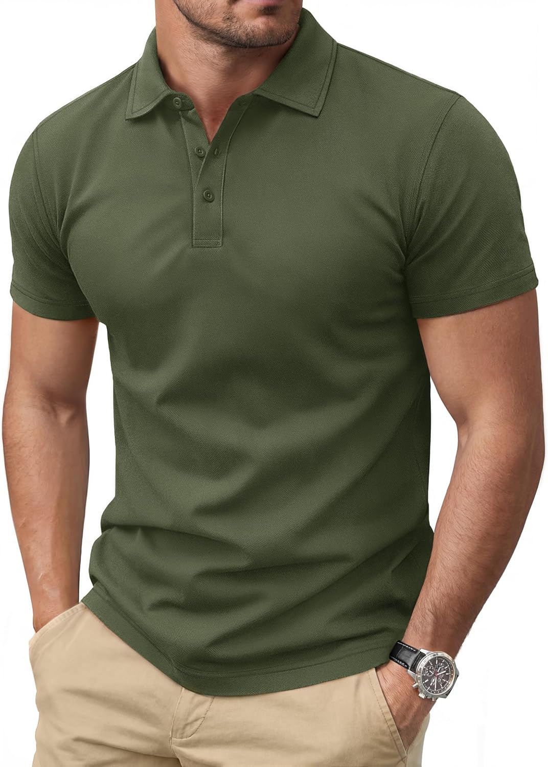 Men's Navy Short Sleeve Pique Polo Shirt, Three Buttons - Image 13