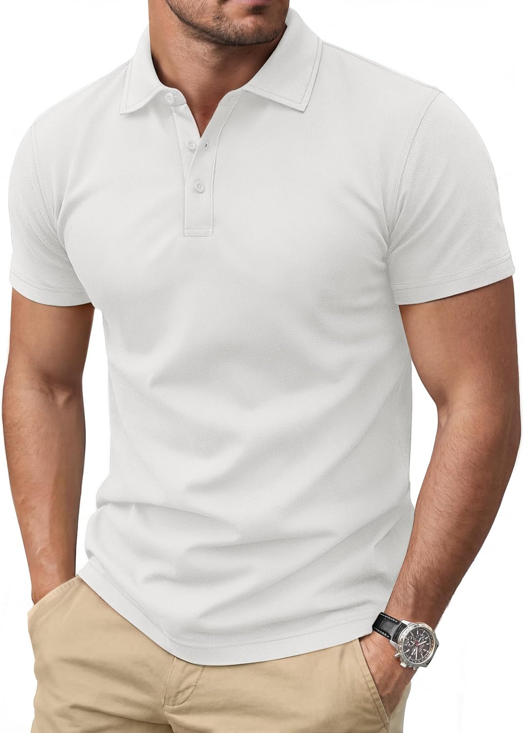 Men's Navy Short Sleeve Pique Polo Shirt, Three Buttons - Image 19