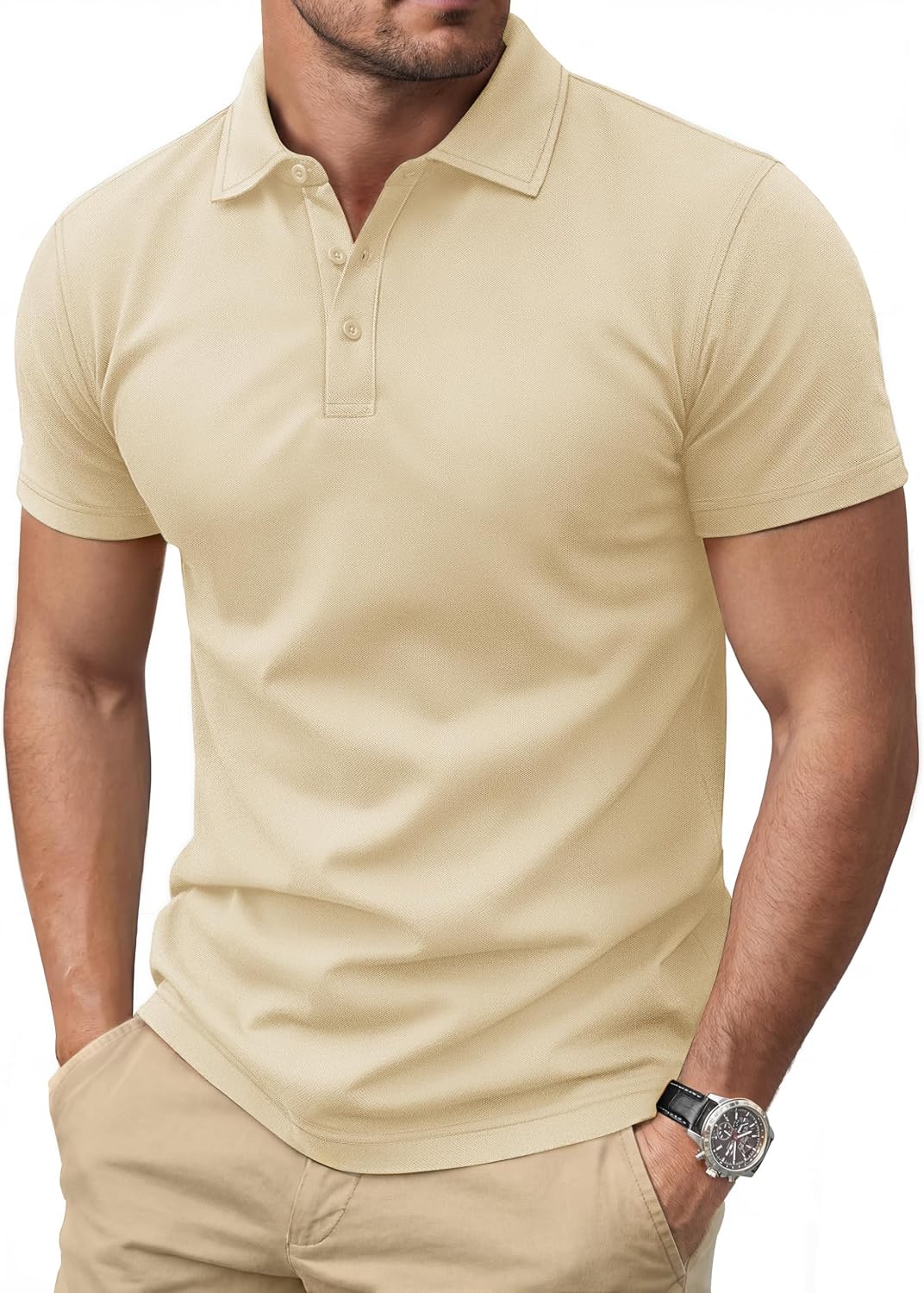 Men's Navy Short Sleeve Pique Polo Shirt, Three Buttons - Image 10