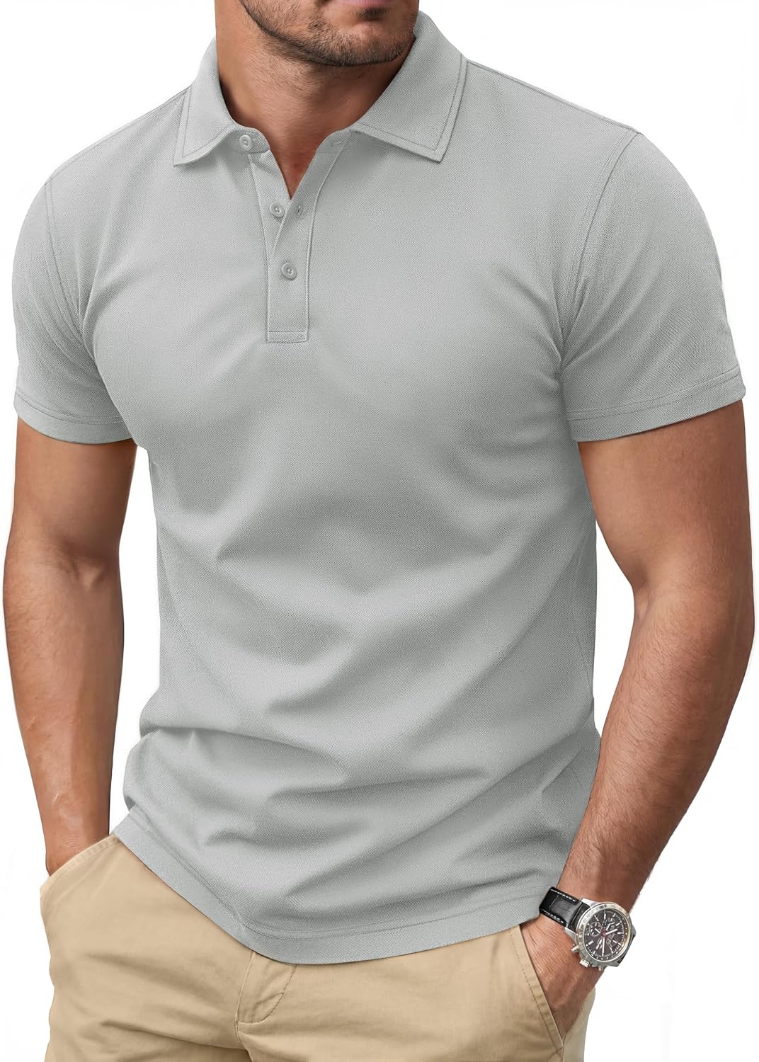 Men's Navy Short Sleeve Pique Polo Shirt, Three Buttons - Image 11