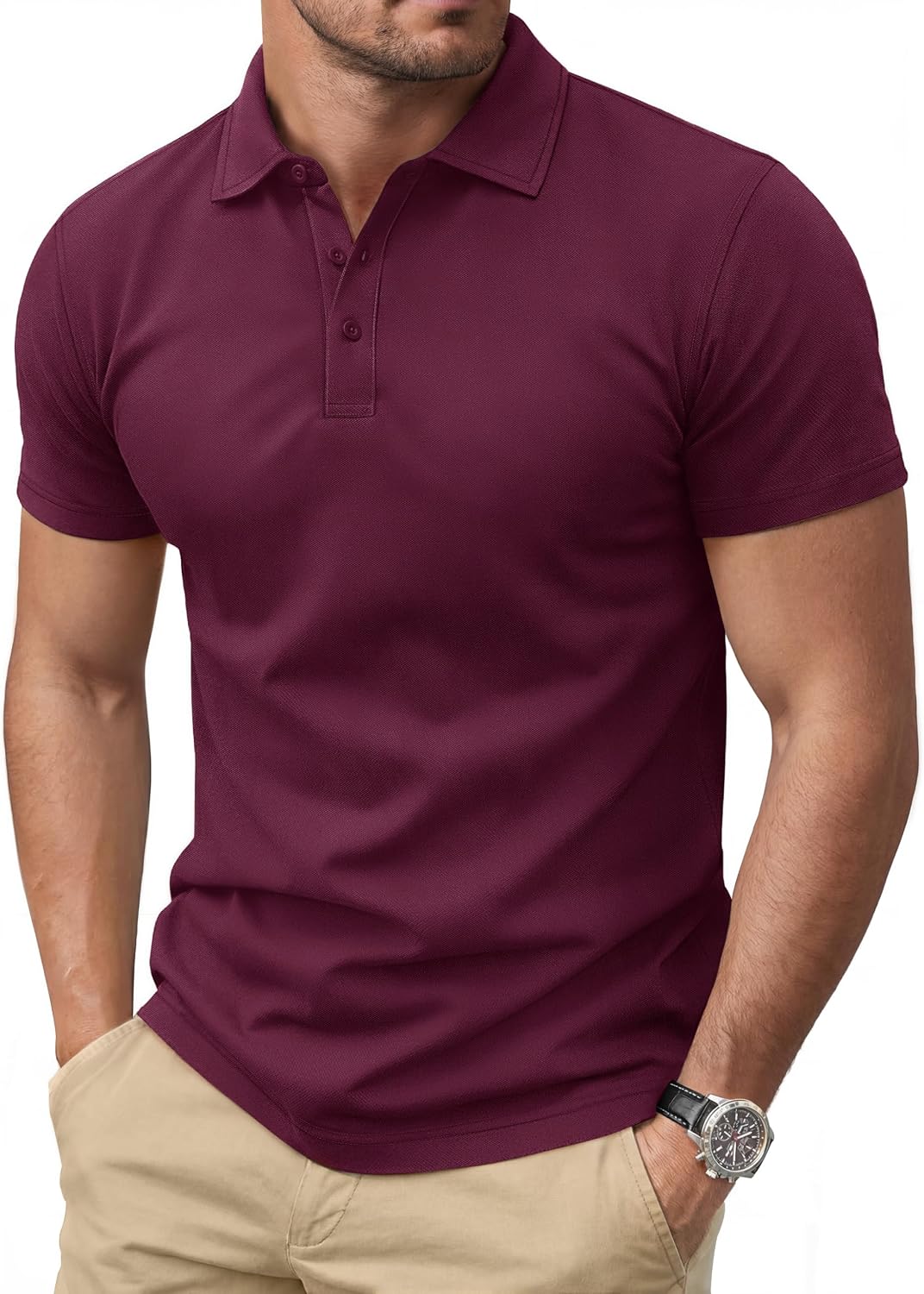 Men's Navy Short Sleeve Pique Polo Shirt, Three Buttons - Image 9