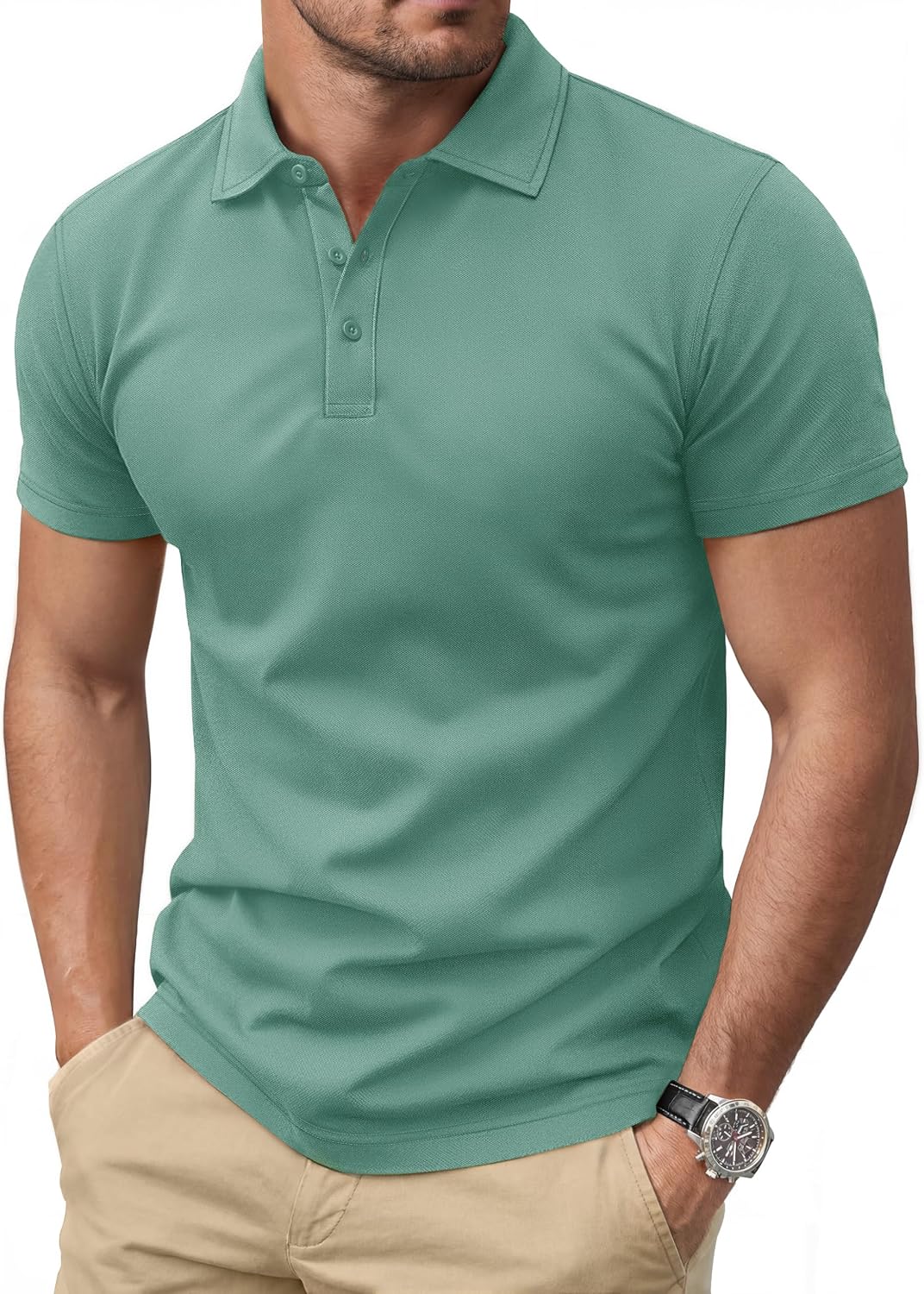 Men's Navy Short Sleeve Pique Polo Shirt, Three Buttons - Image 22
