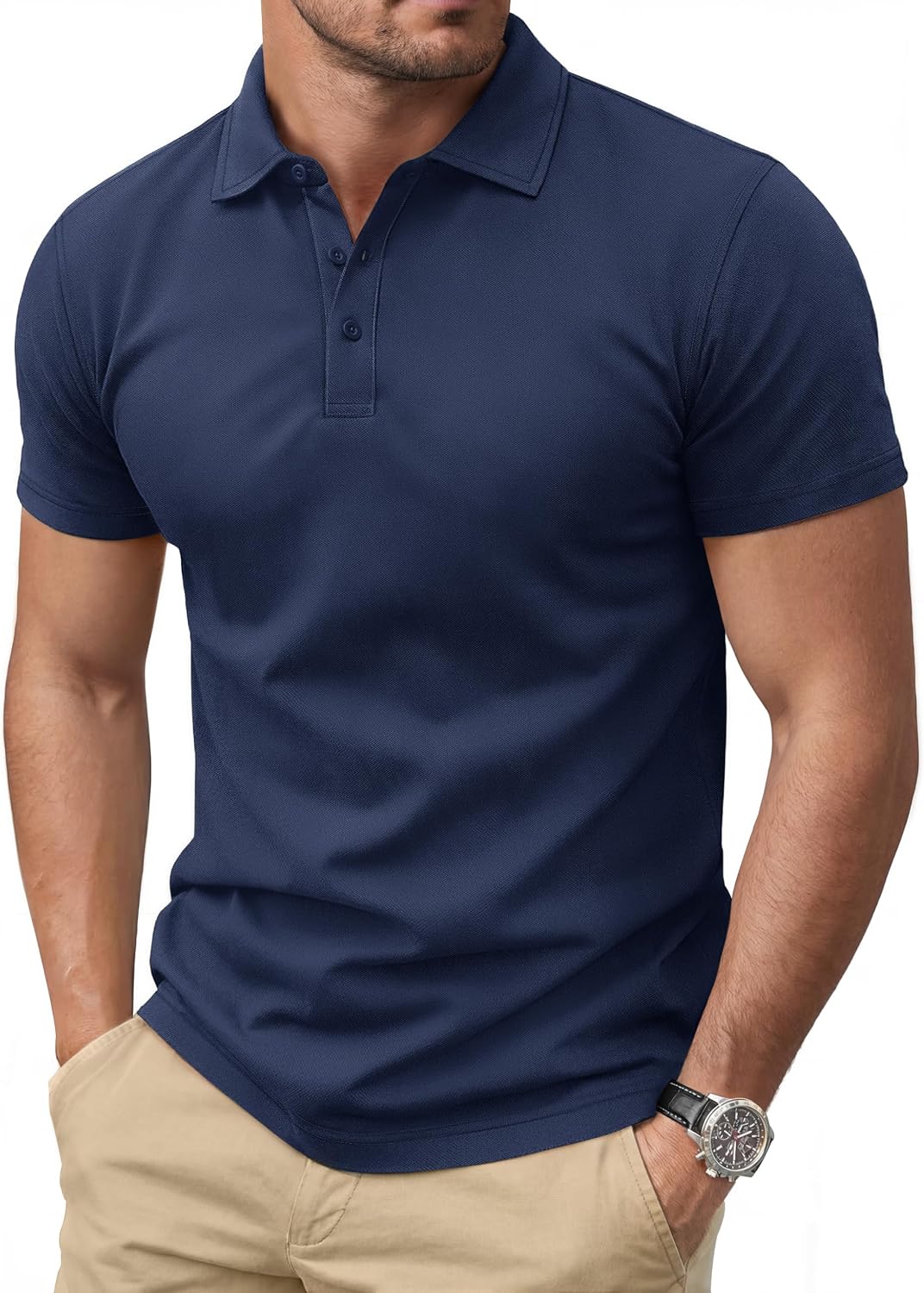 Men's Navy Short Sleeve Pique Polo Shirt, Three Buttons