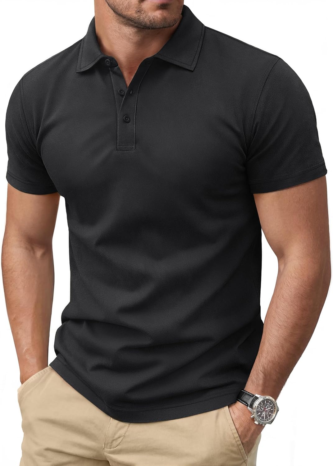 Men's Navy Short Sleeve Pique Polo Shirt, Three Buttons - Image 20