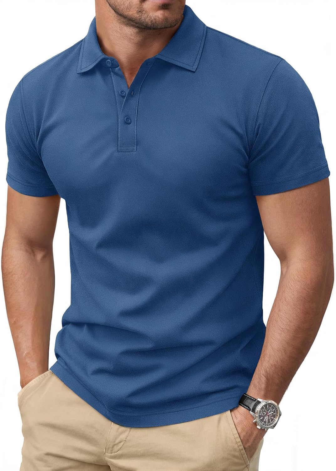 Men's Navy Short Sleeve Pique Polo Shirt, Three Buttons - Image 21