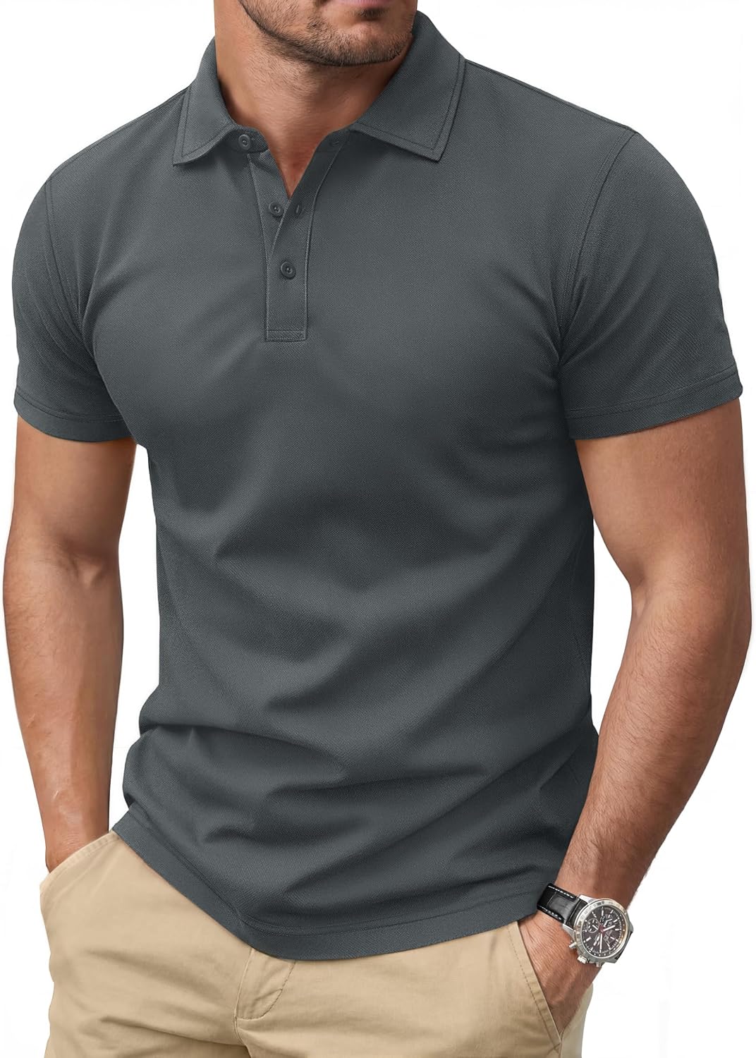 Men's Navy Short Sleeve Pique Polo Shirt, Three Buttons - Image 17