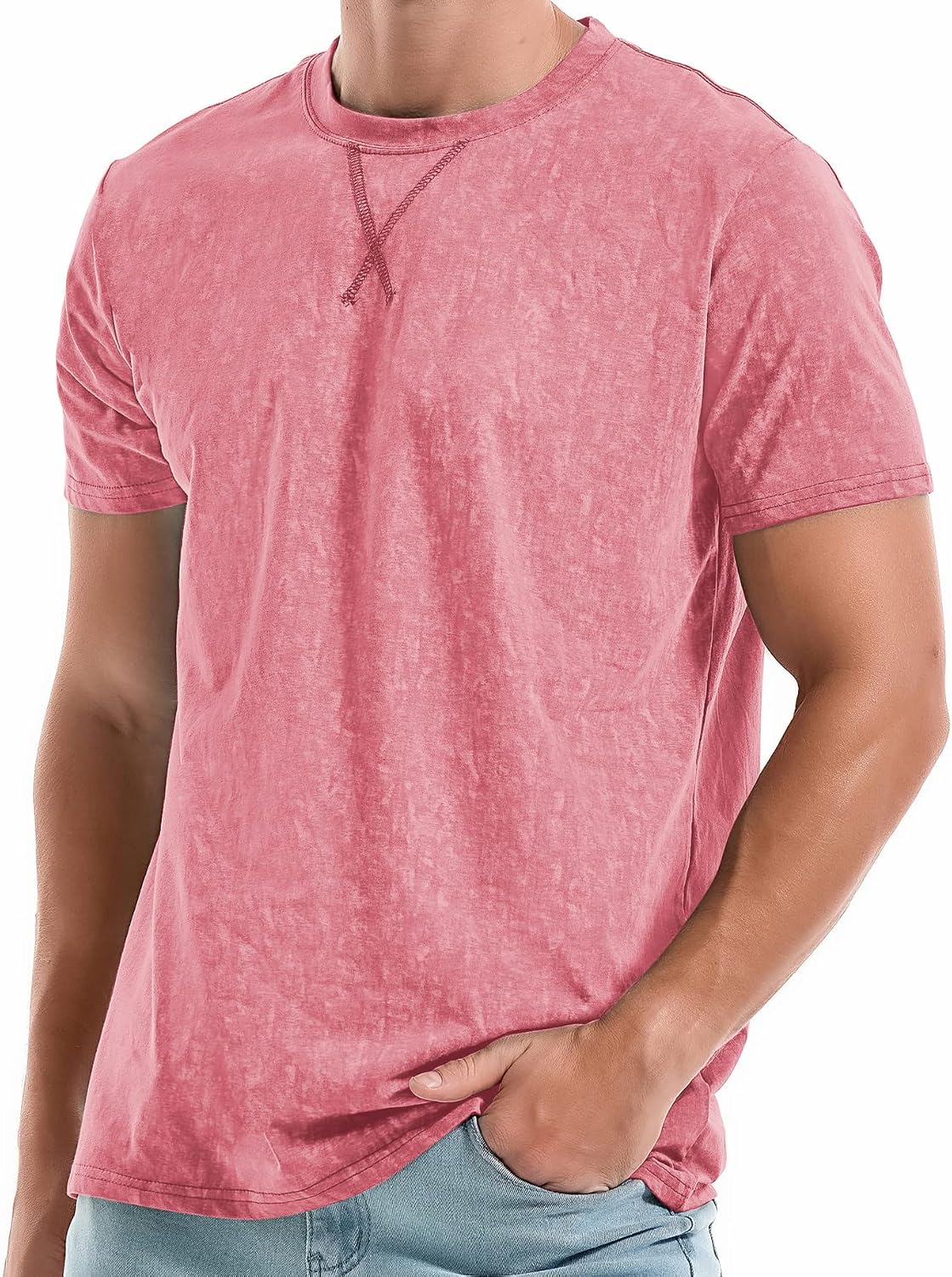 Men's Pink Short Sleeve Crew Neck T-Shirt, Cotton