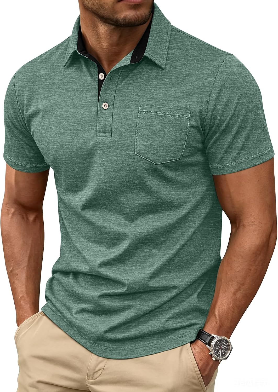Men's Collared Short Sleeve Polo Shirt with Chest Pocket - Image 9