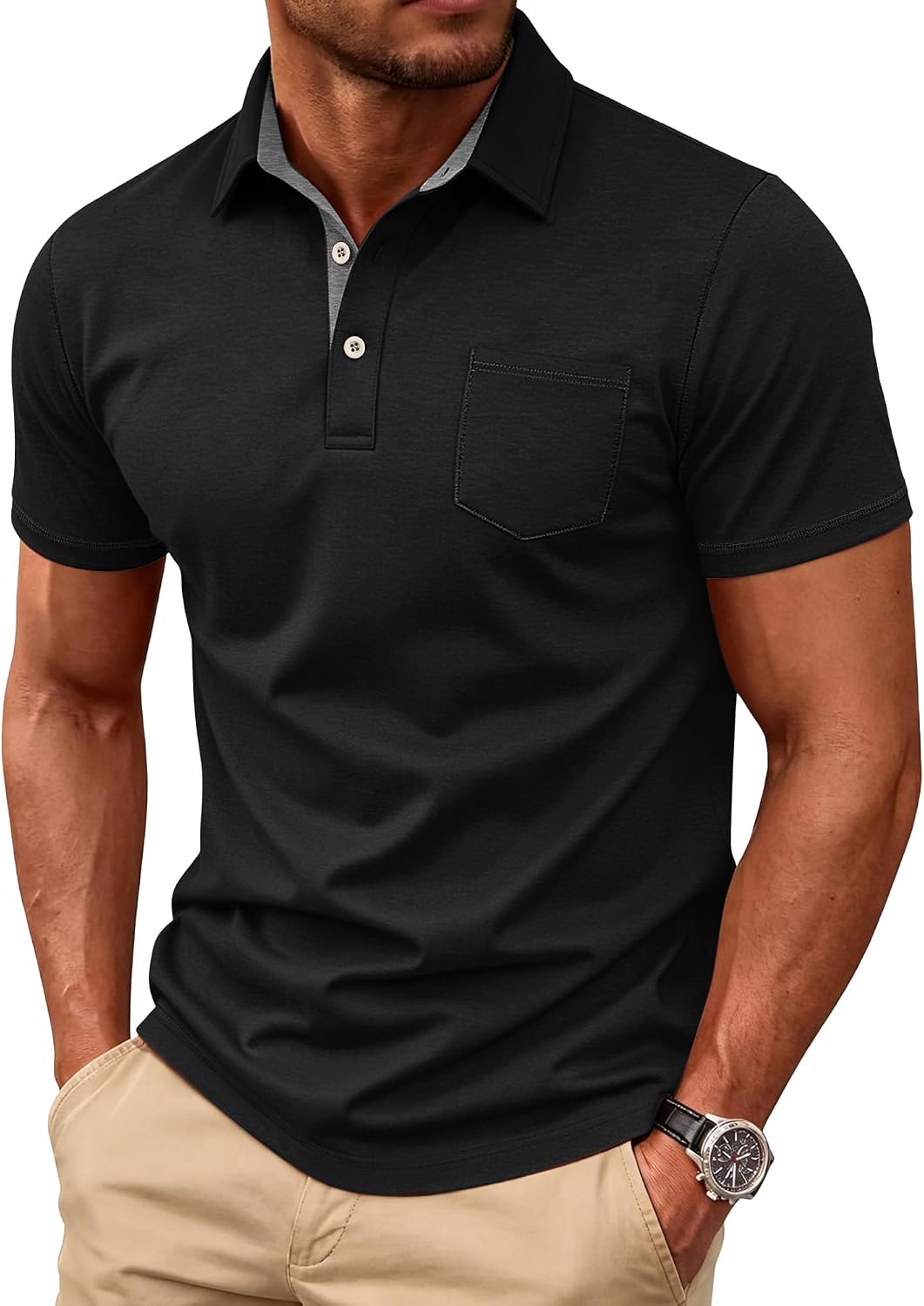 Men's Collared Short Sleeve Polo Shirt with Chest Pocket - Image 11