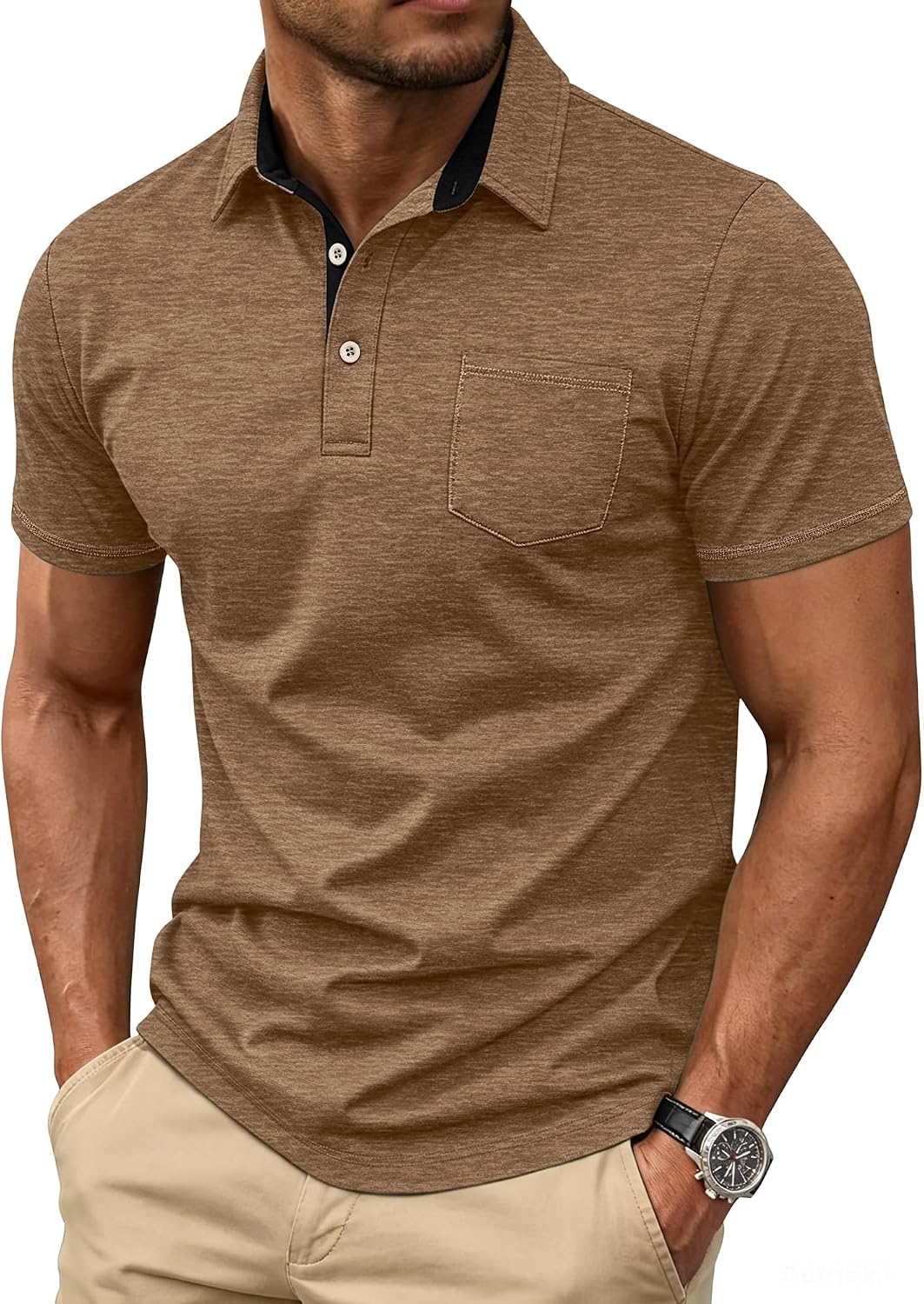 Men's Collared Short Sleeve Polo Shirt with Chest Pocket - Image 7