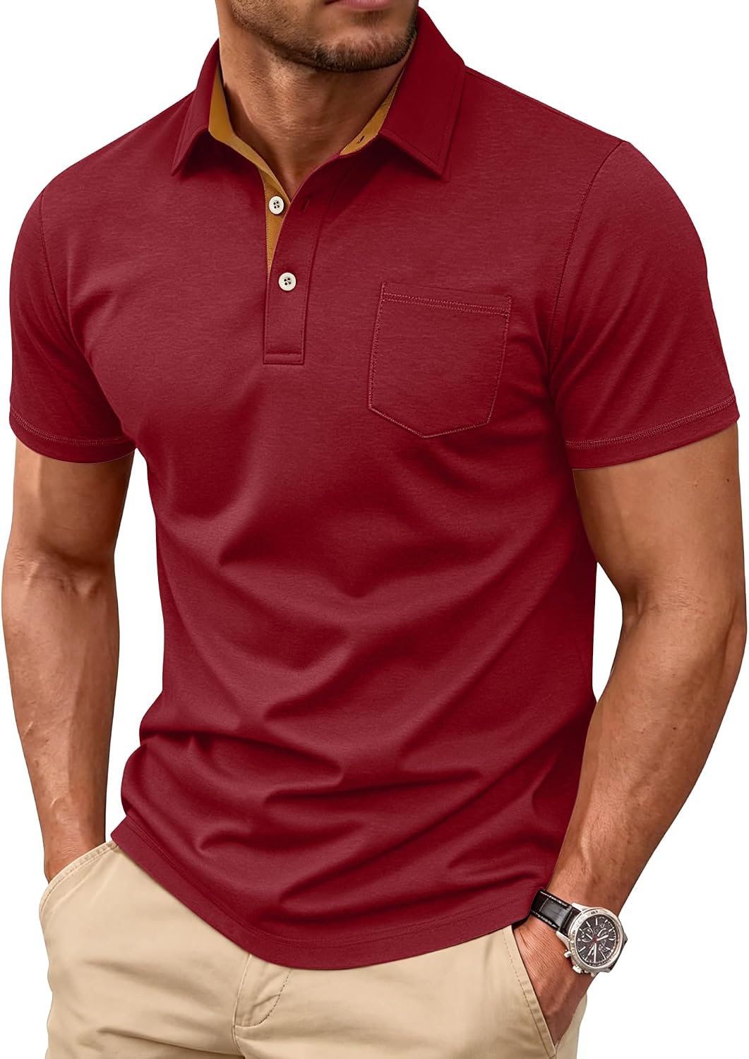 Men's Collared Short Sleeve Polo Shirt with Chest Pocket - Image 8
