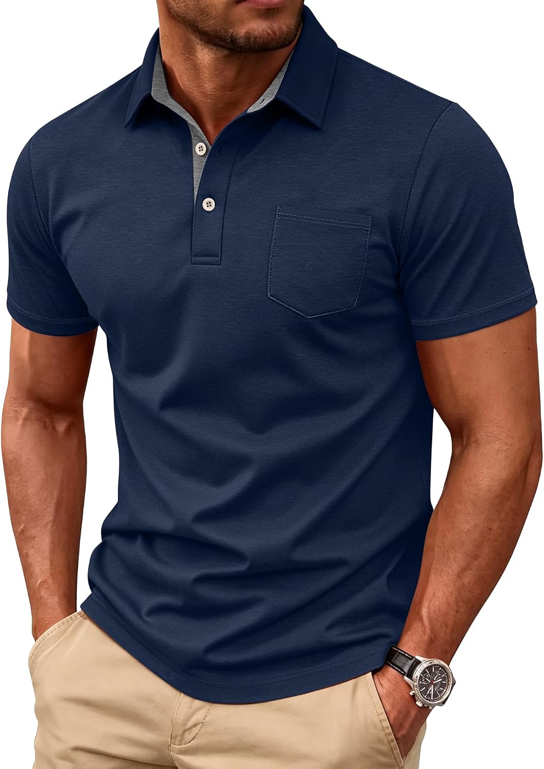 Men's Collared Short Sleeve Polo Shirt with Chest Pocket - Image 10