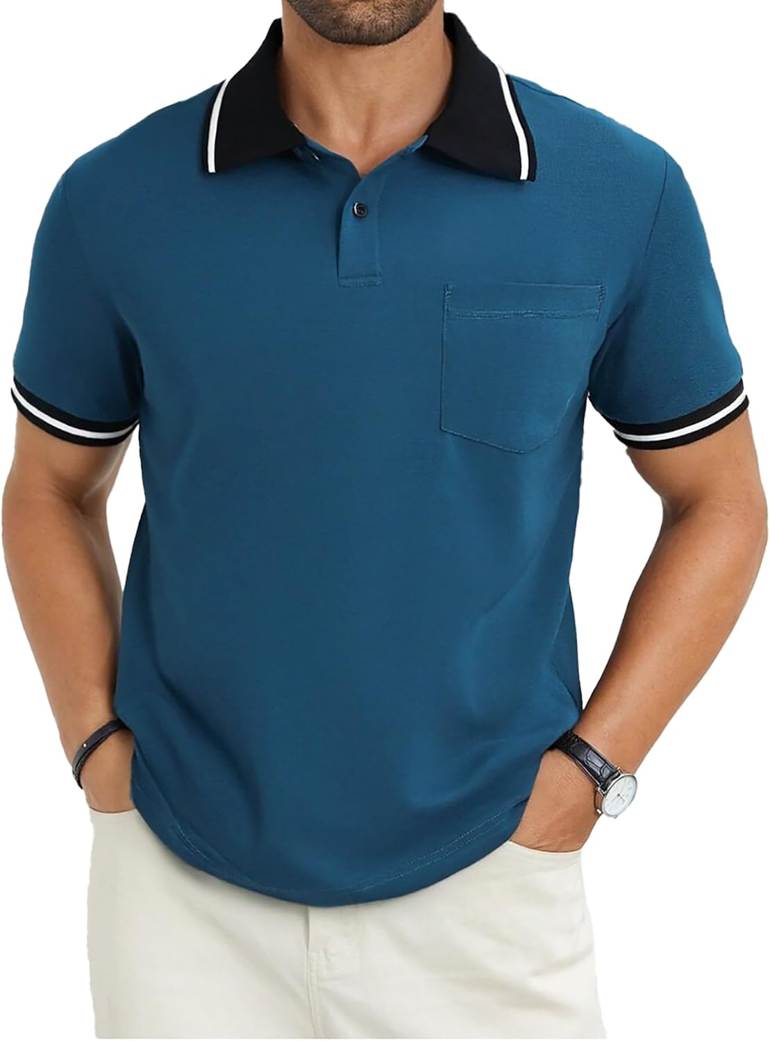 Men's Olive Green Polo Shirt with Contrast Collar and Pocket - Image 11