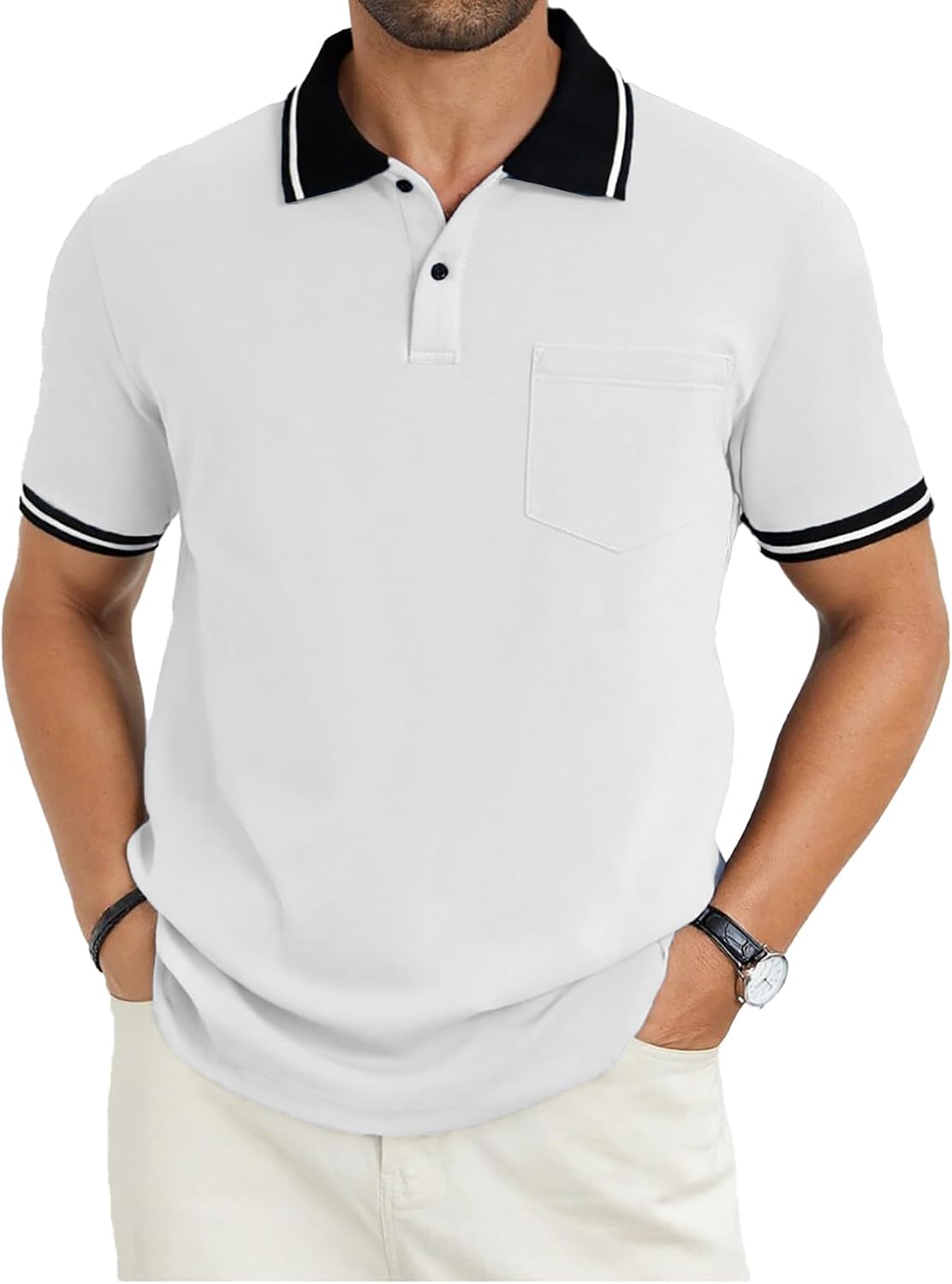 Men's Olive Green Polo Shirt with Contrast Collar and Pocket - Image 12