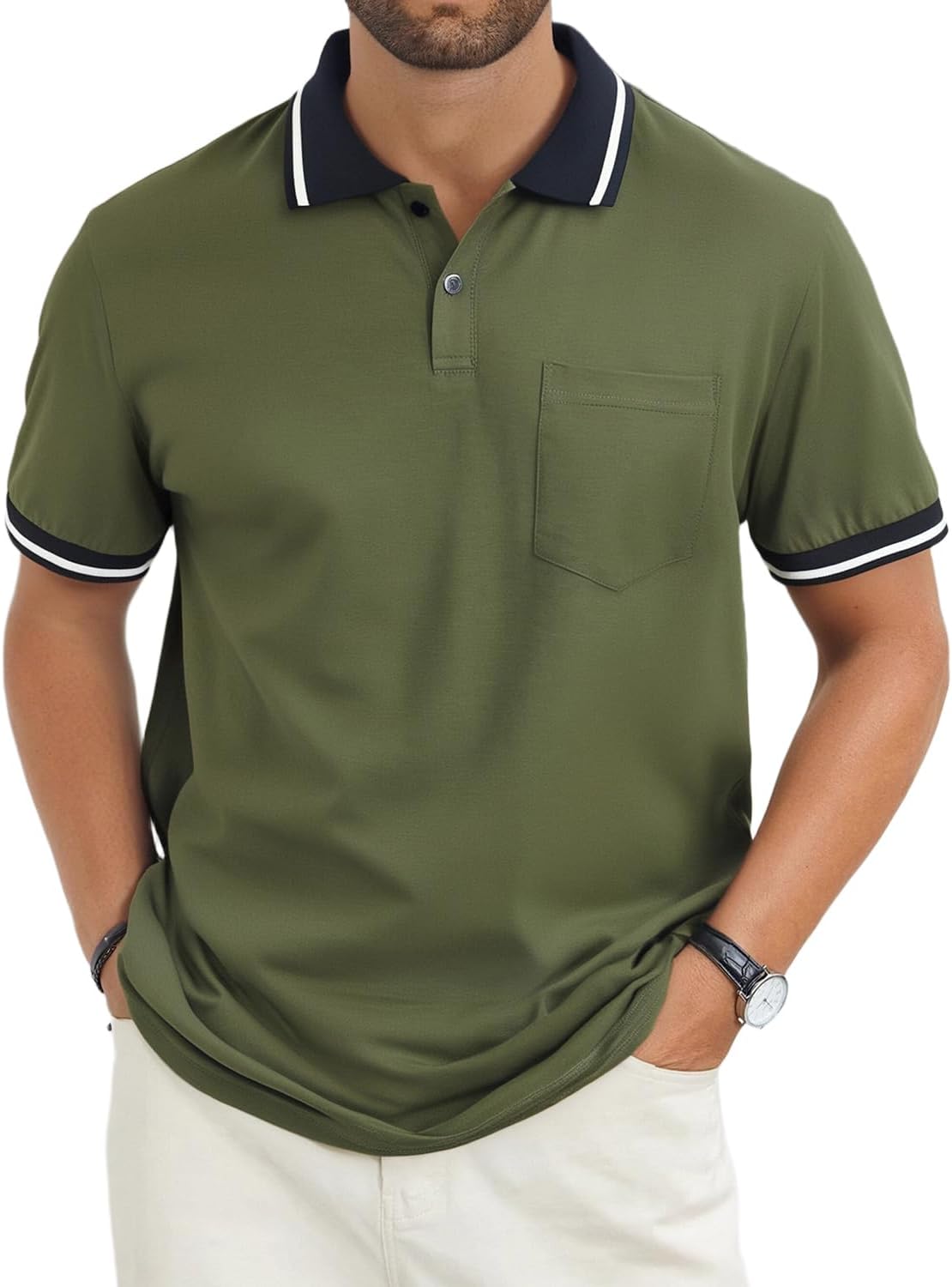 Men's Olive Green Polo Shirt with Contrast Collar and Pocket