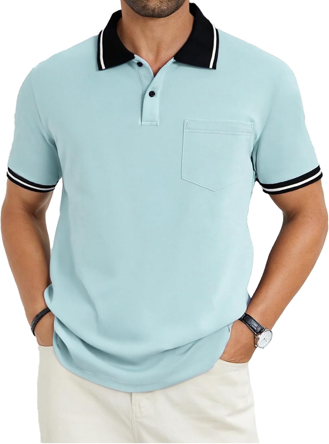 Men's Olive Green Polo Shirt with Contrast Collar and Pocket - Image 16
