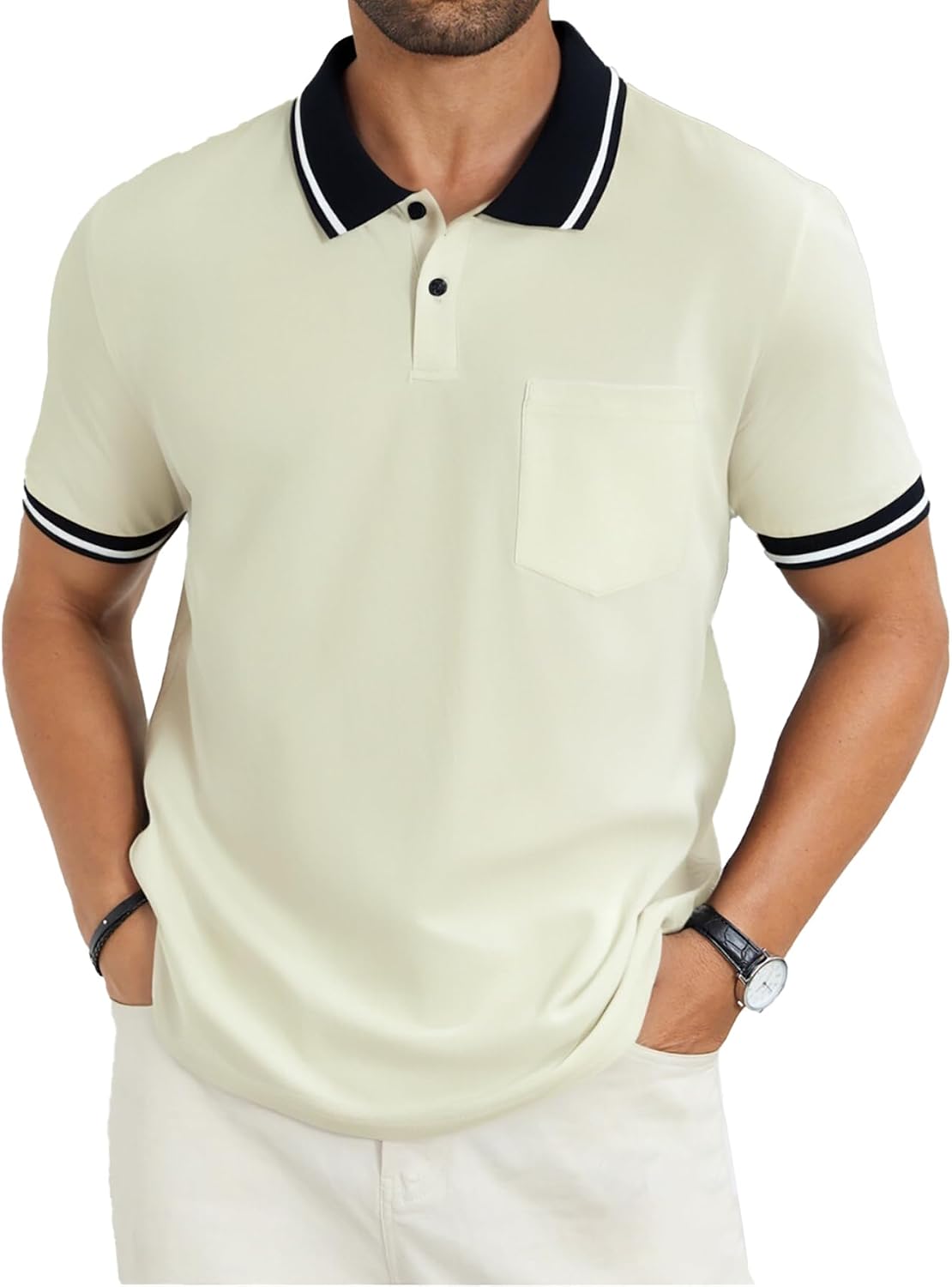 Men's Olive Green Polo Shirt with Contrast Collar and Pocket - Image 13
