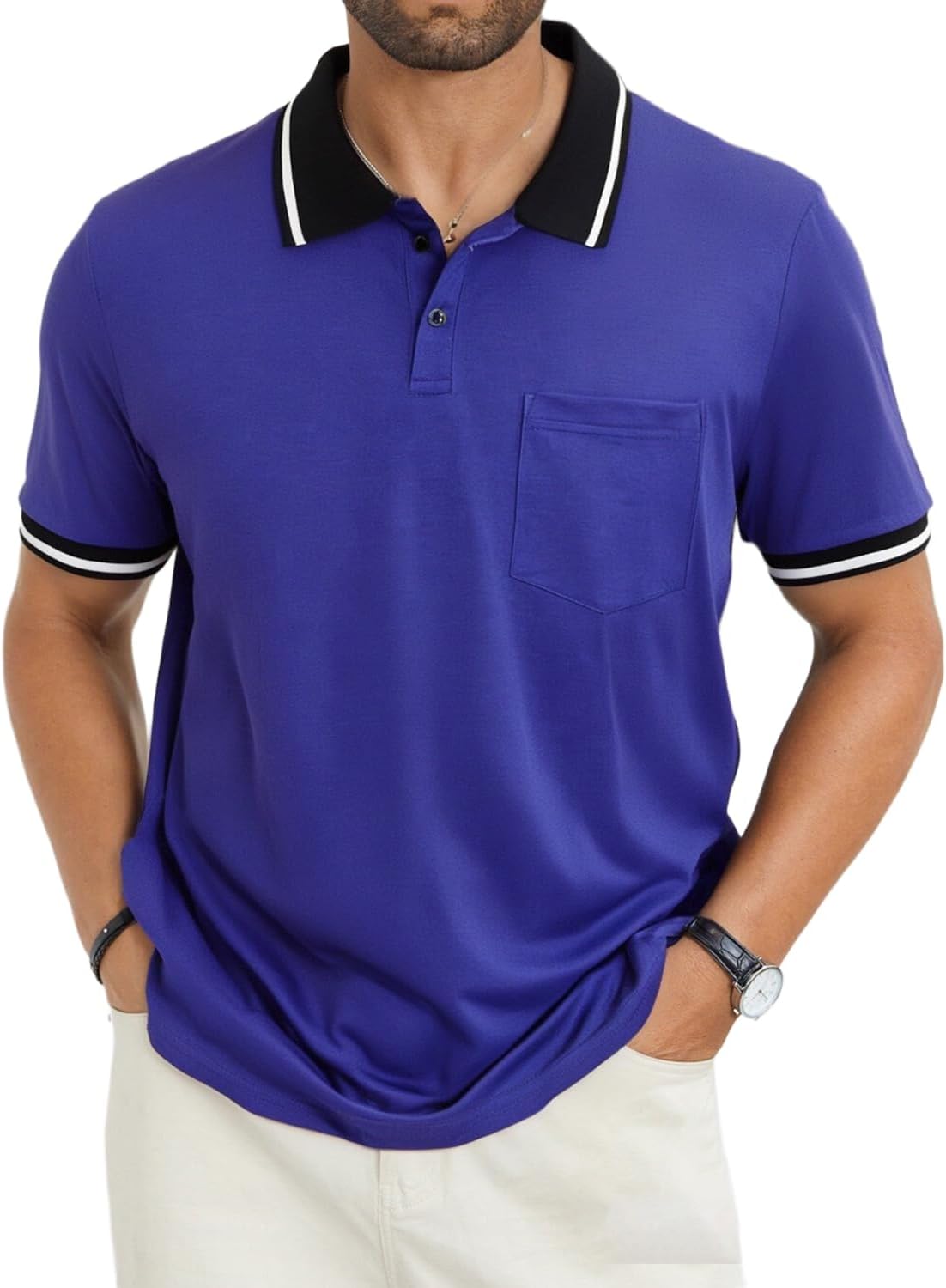 Men's Olive Green Polo Shirt with Contrast Collar and Pocket - Image 19