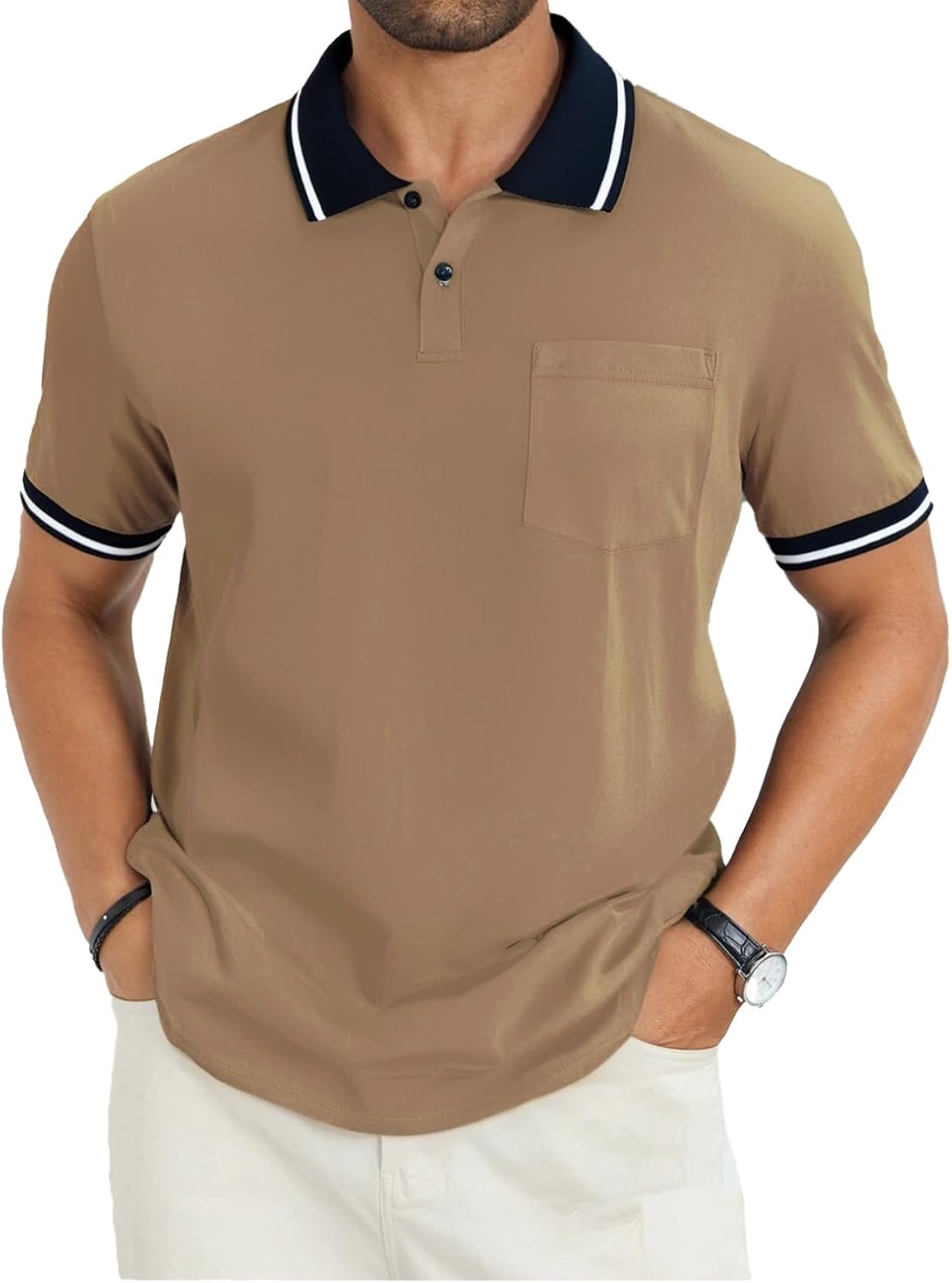 Men's Olive Green Polo Shirt with Contrast Collar and Pocket - Image 17