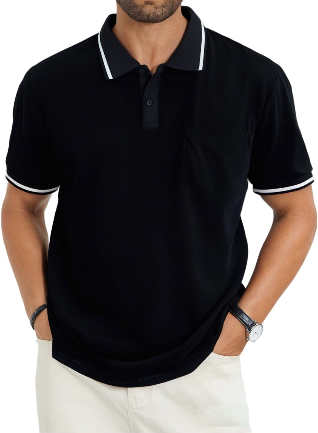 Men's Olive Green Polo Shirt with Contrast Collar and Pocket - Image 15