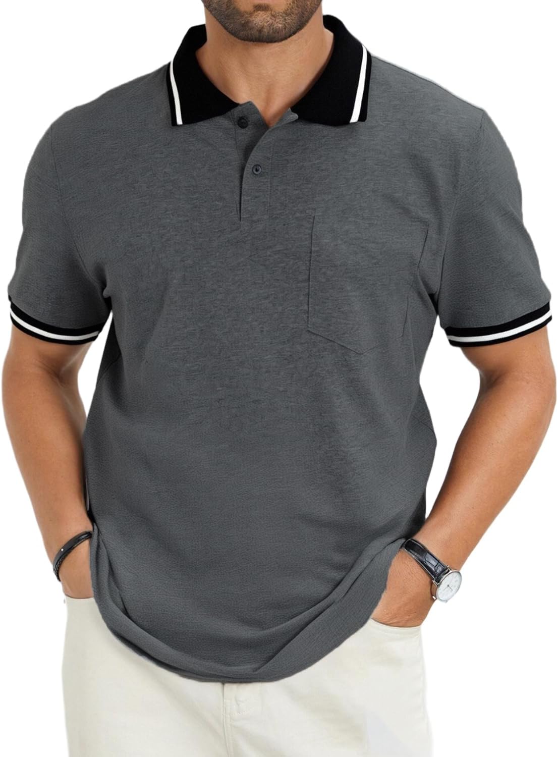 Men's Olive Green Polo Shirt with Contrast Collar and Pocket - Image 8