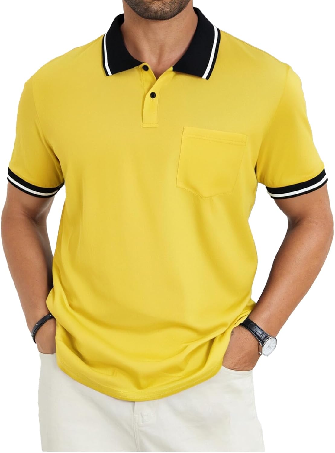 Men's Olive Green Polo Shirt with Contrast Collar and Pocket - Image 10