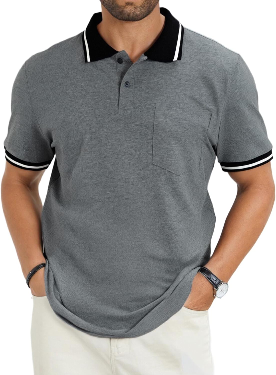 Men's Grey Polo Shirt, Short Sleeve, Collared, with Pocket