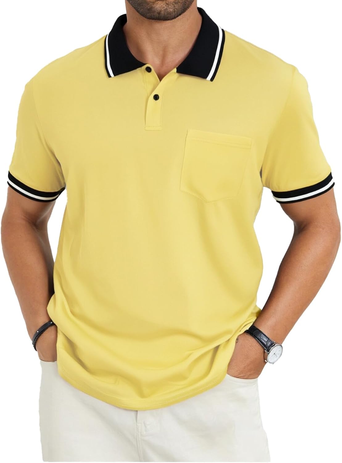 Men's Olive Green Polo Shirt with Contrast Collar and Pocket - Image 7