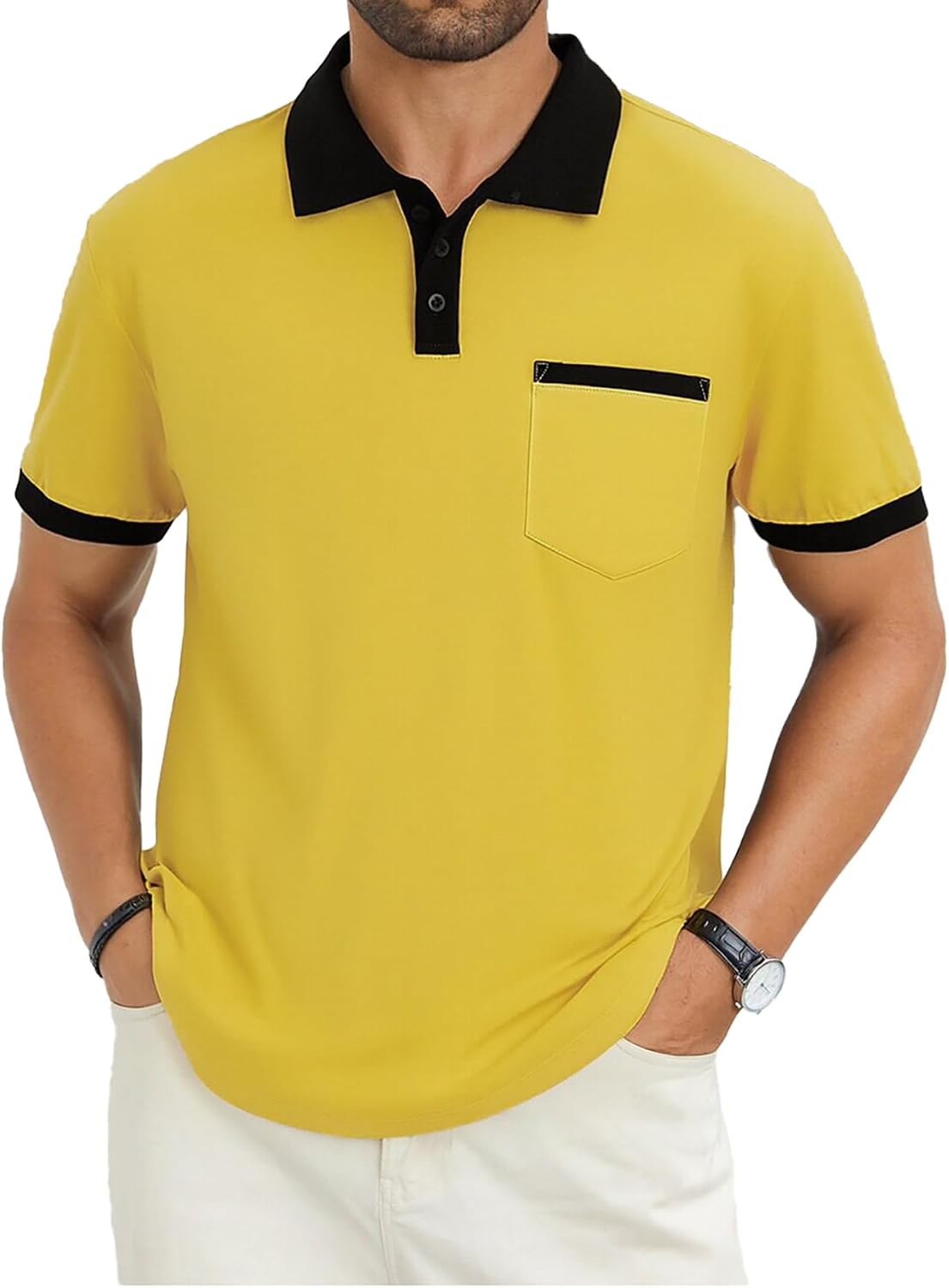 Men's Contrast Collar Polo Shirt, Short Sleeve with Pocket - Image 9