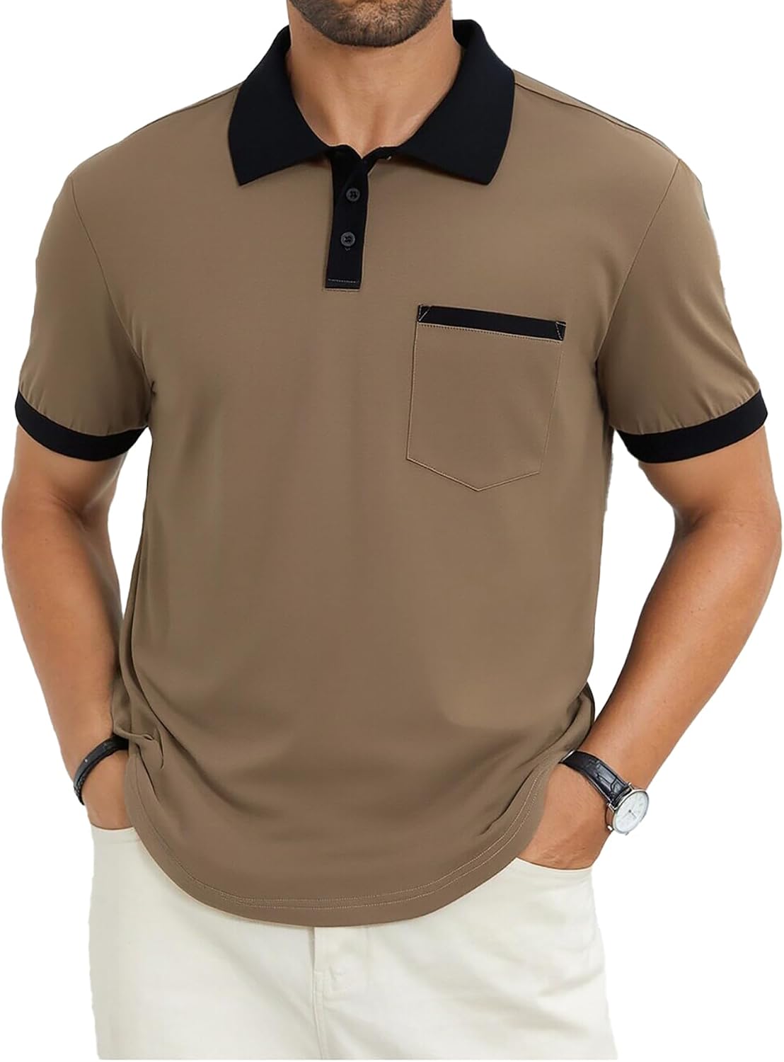 Men's Contrast Collar Polo Shirt, Short Sleeve with Pocket