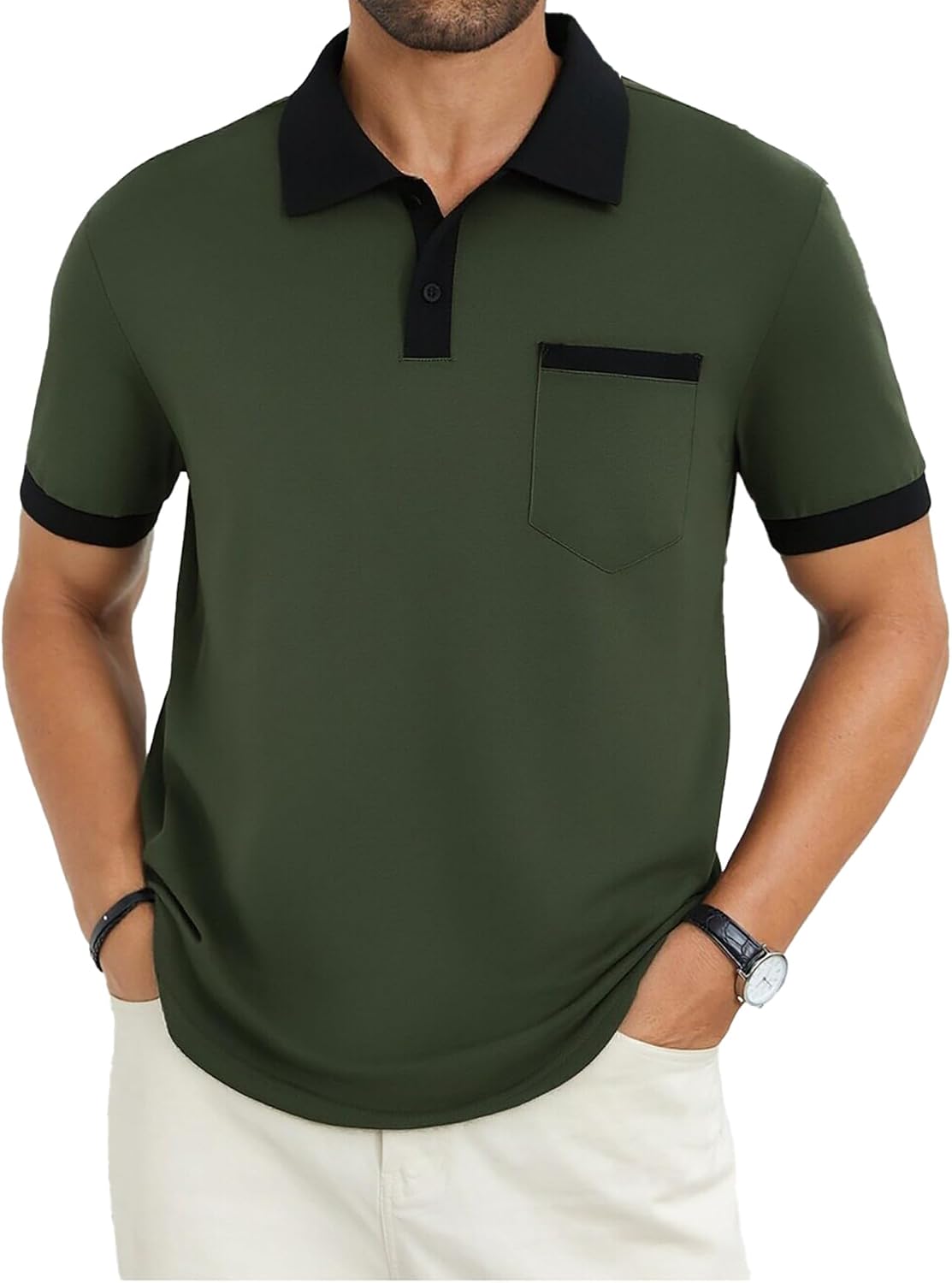Men's Contrast Collar Polo Shirt, Short Sleeve with Pocket - Image 13