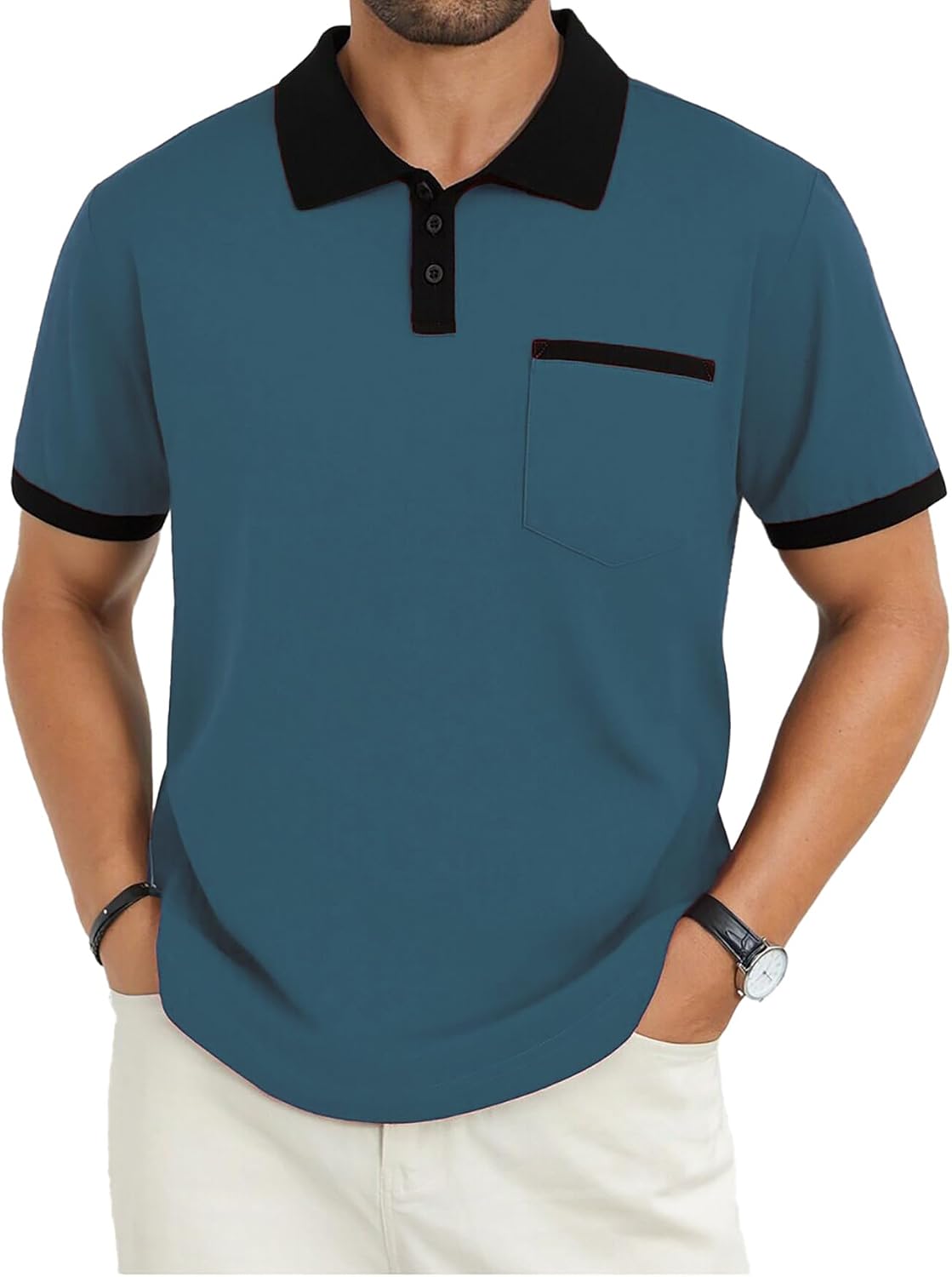 Men's Contrast Collar Polo Shirt, Short Sleeve with Pocket - Image 11
