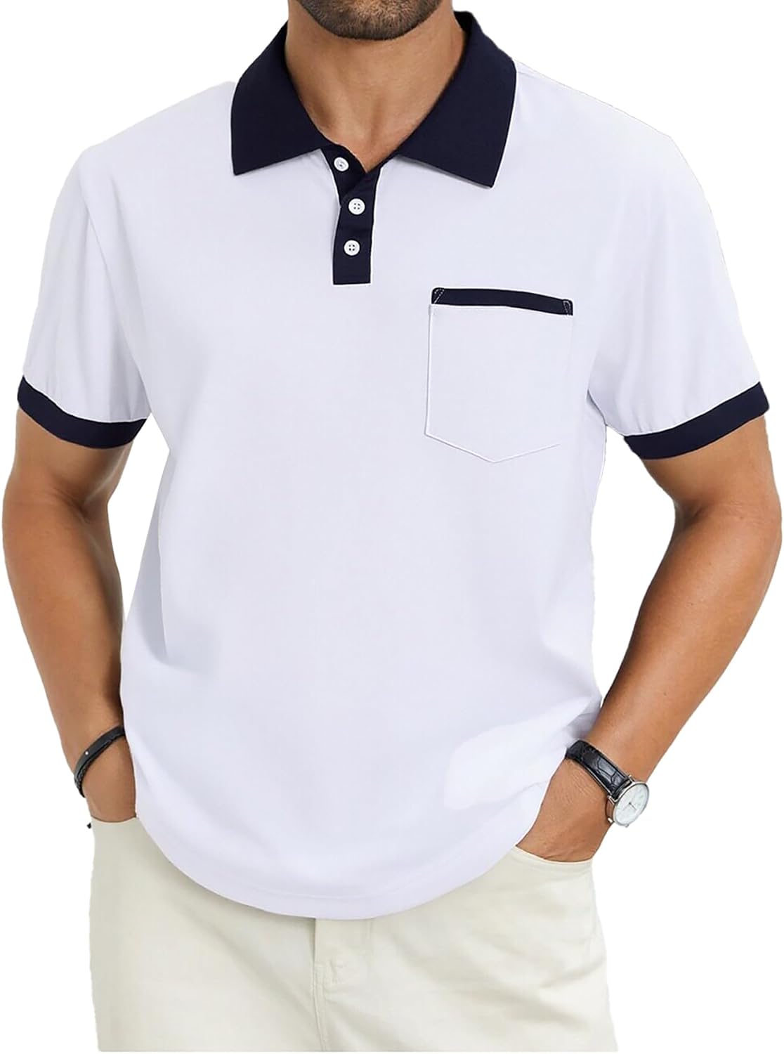 Men's Contrast Collar Polo Shirt, Short Sleeve with Pocket - Image 8