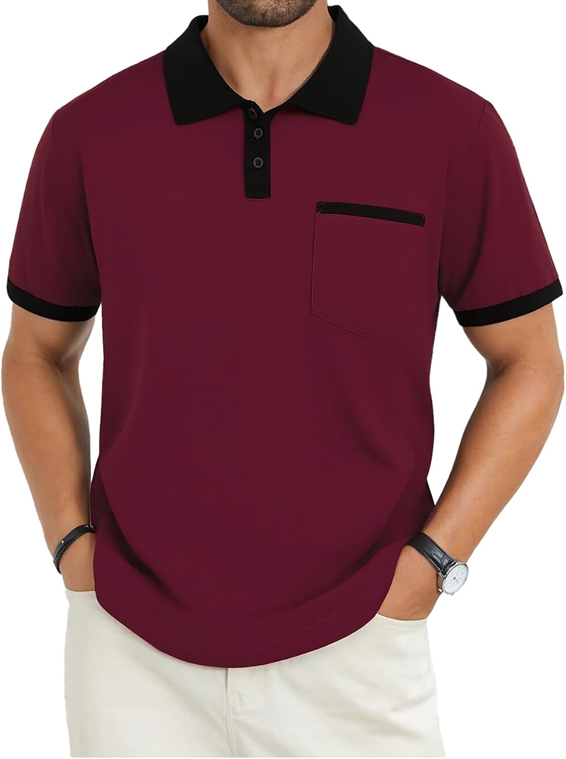 Men's Contrast Collar Polo Shirt, Short Sleeve with Pocket - Image 10