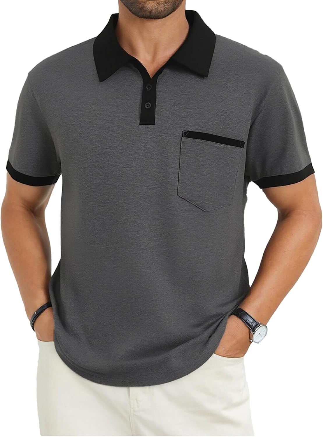 Men's Contrast Collar Polo Shirt, Short Sleeve with Pocket - Image 12