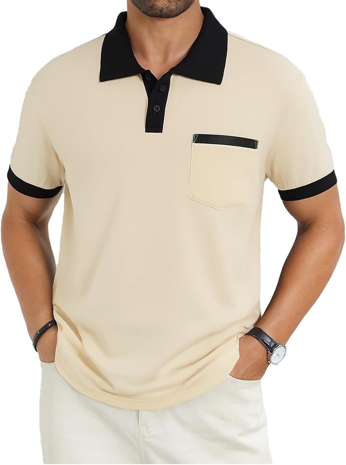 Men's Contrast Collar Polo Shirt, Short Sleeve with Pocket - Image 7