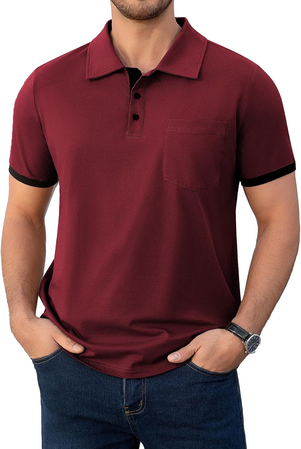Men's Brown Collared Polo Shirt, Contrast Cuffs, Chest Pocket - Image 12