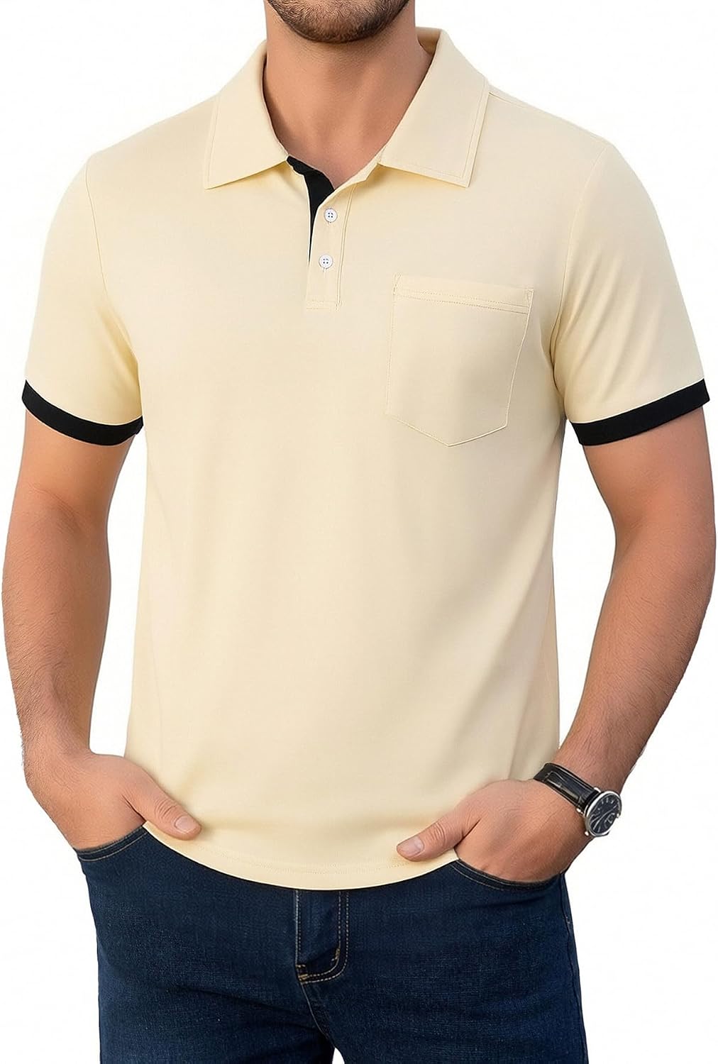 Men's Brown Collared Polo Shirt, Contrast Cuffs, Chest Pocket - Image 13