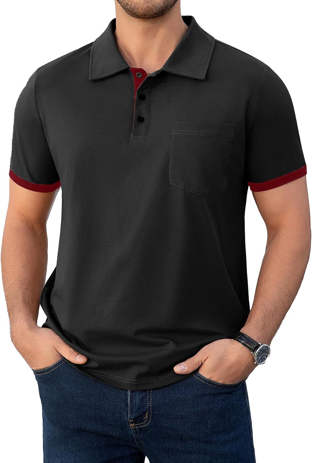 Men's Brown Collared Polo Shirt, Contrast Cuffs, Chest Pocket - Image 7